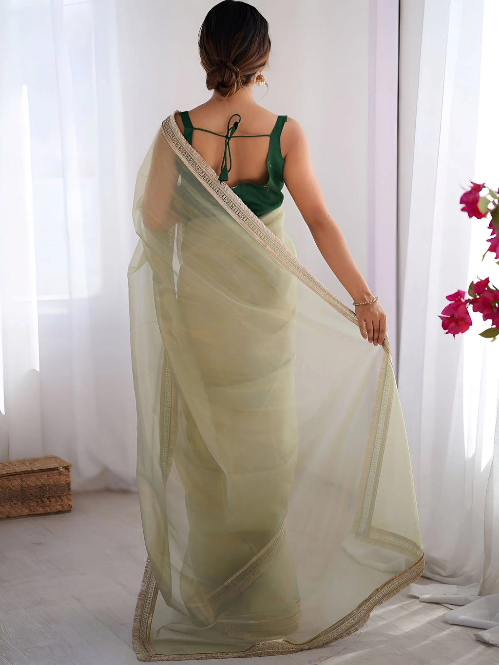 Green Captivating Lace Work Net Party Wear Saree With Blouse