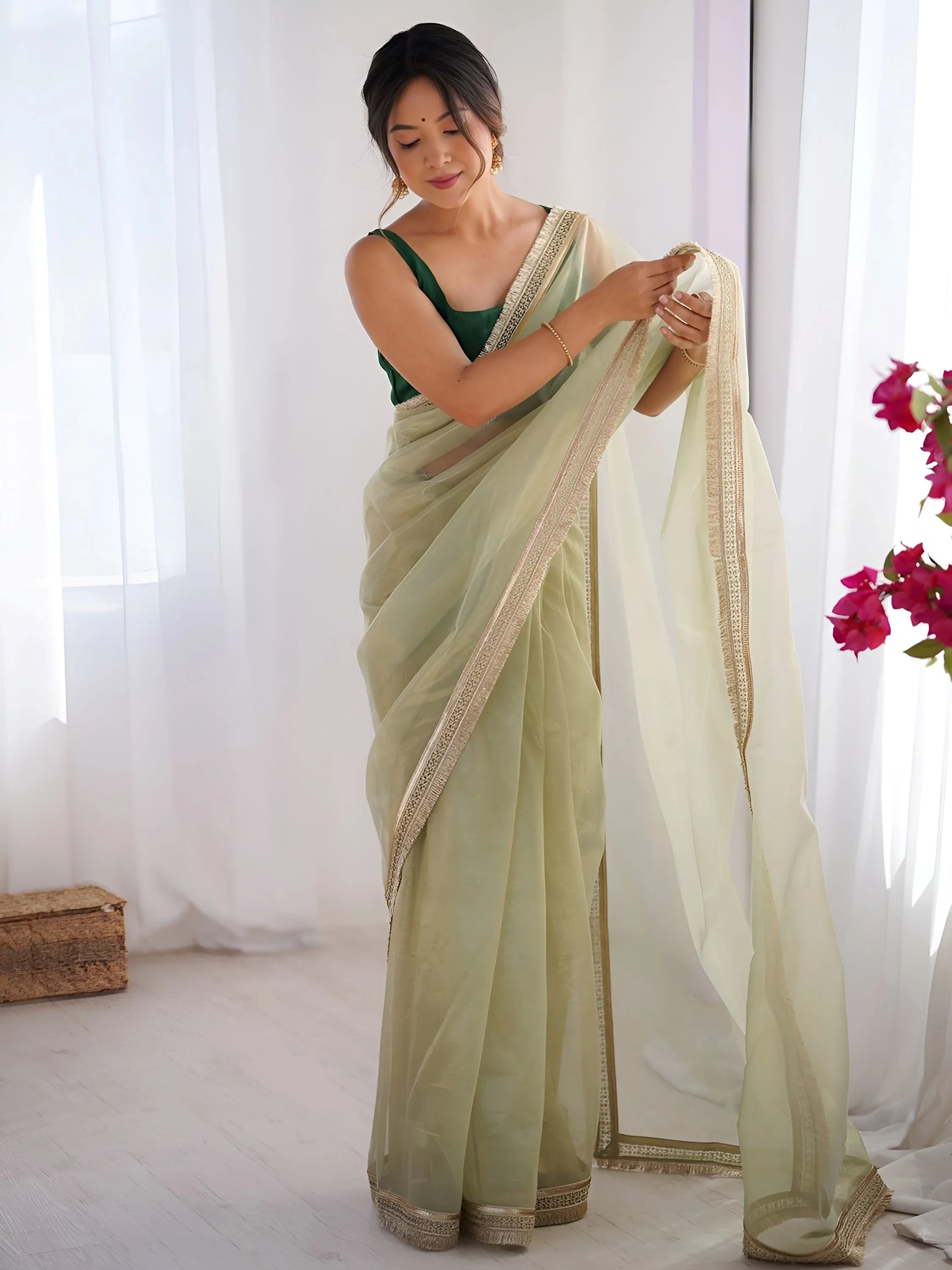 Green Captivating Lace Work Net Party Wear Saree With Blouse