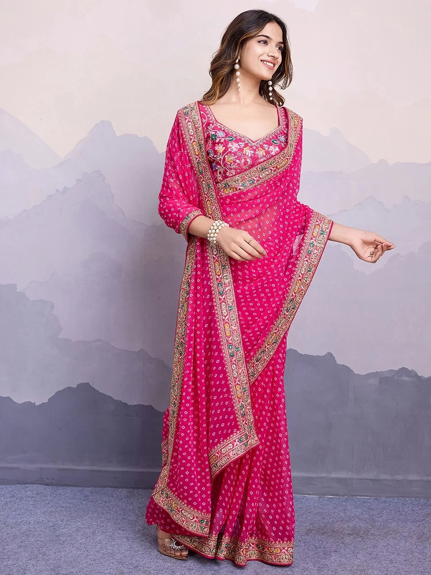 Pink Pretty Georgette Bandhani Printed Saree With Blouse