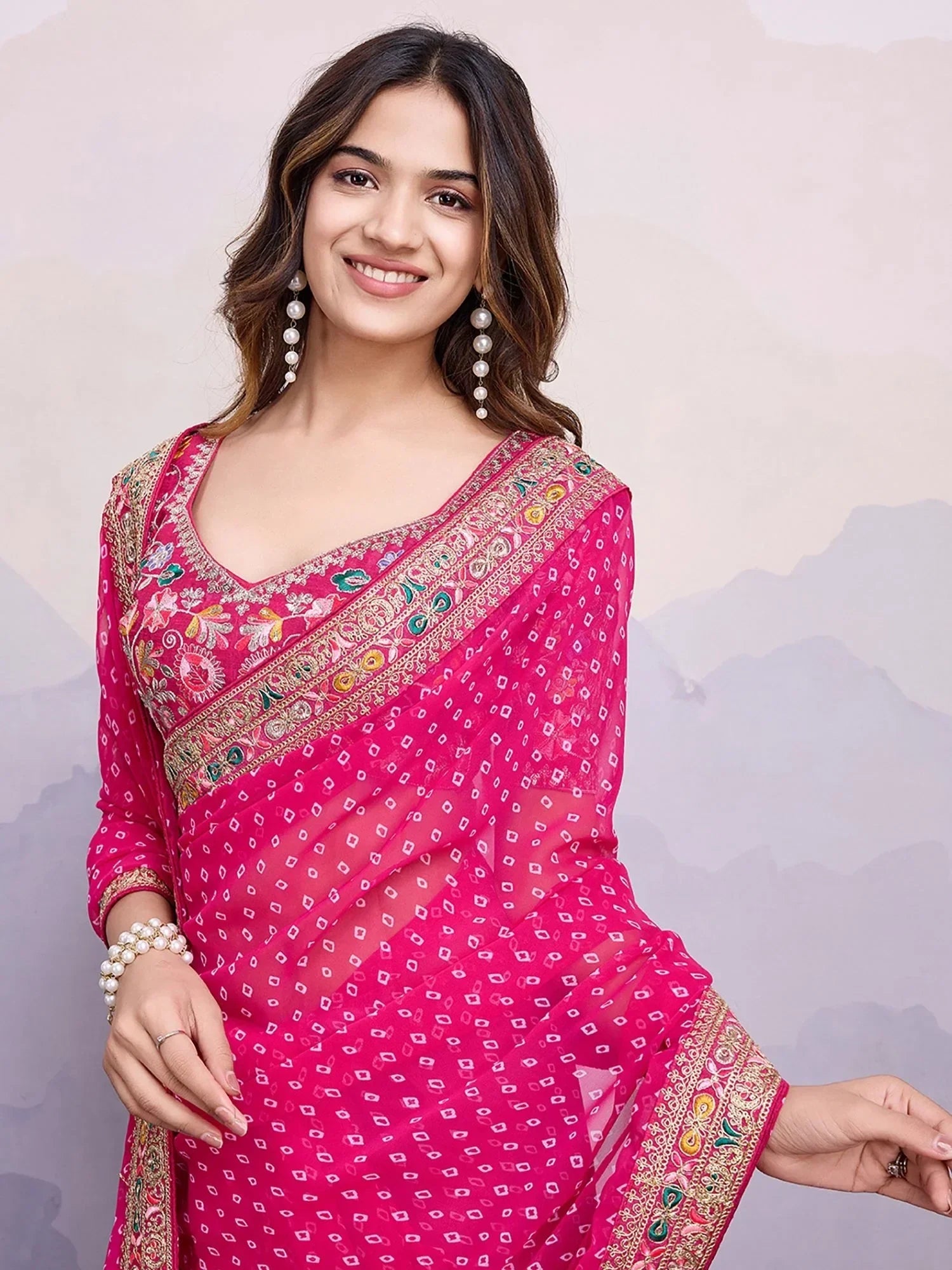 Pink Pretty Georgette Bandhani Printed Saree With Blouse