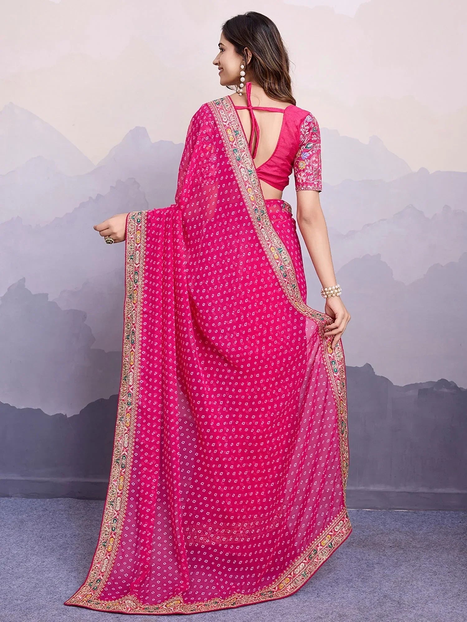 Pink Pretty Georgette Bandhani Printed Saree With Blouse
