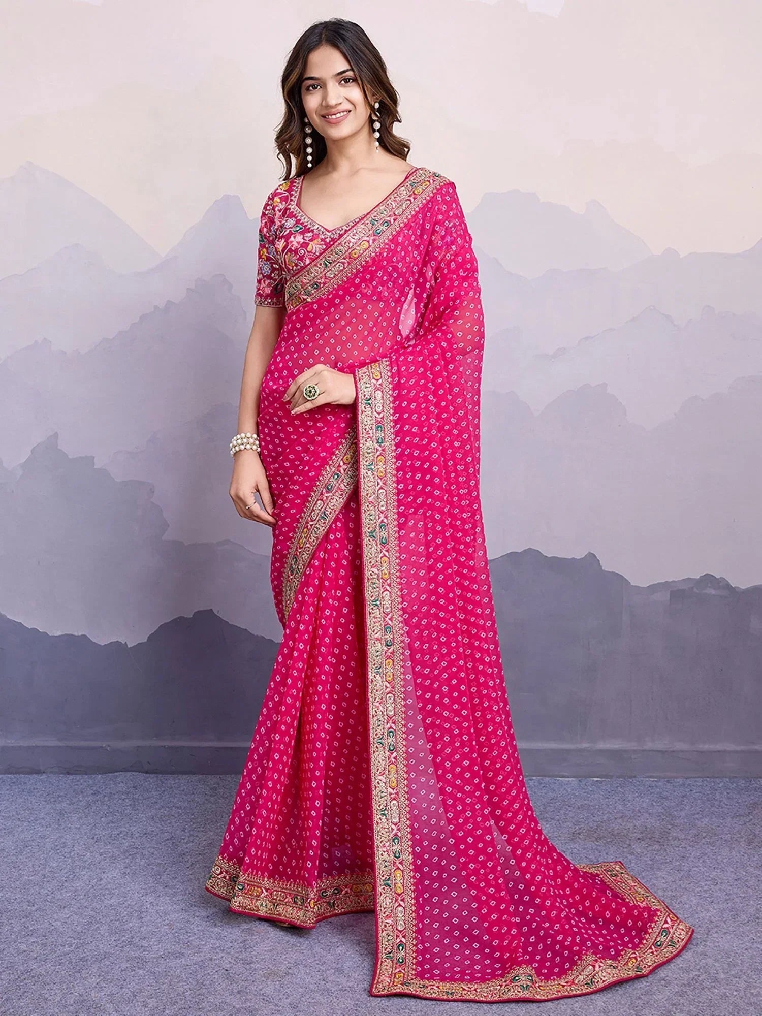 Pink Pretty Georgette Bandhani Printed Saree With Blouse