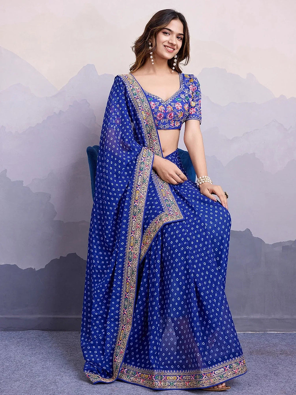 Royal Blue Pretty Georgette Bandhani Printed Saree With Blouse