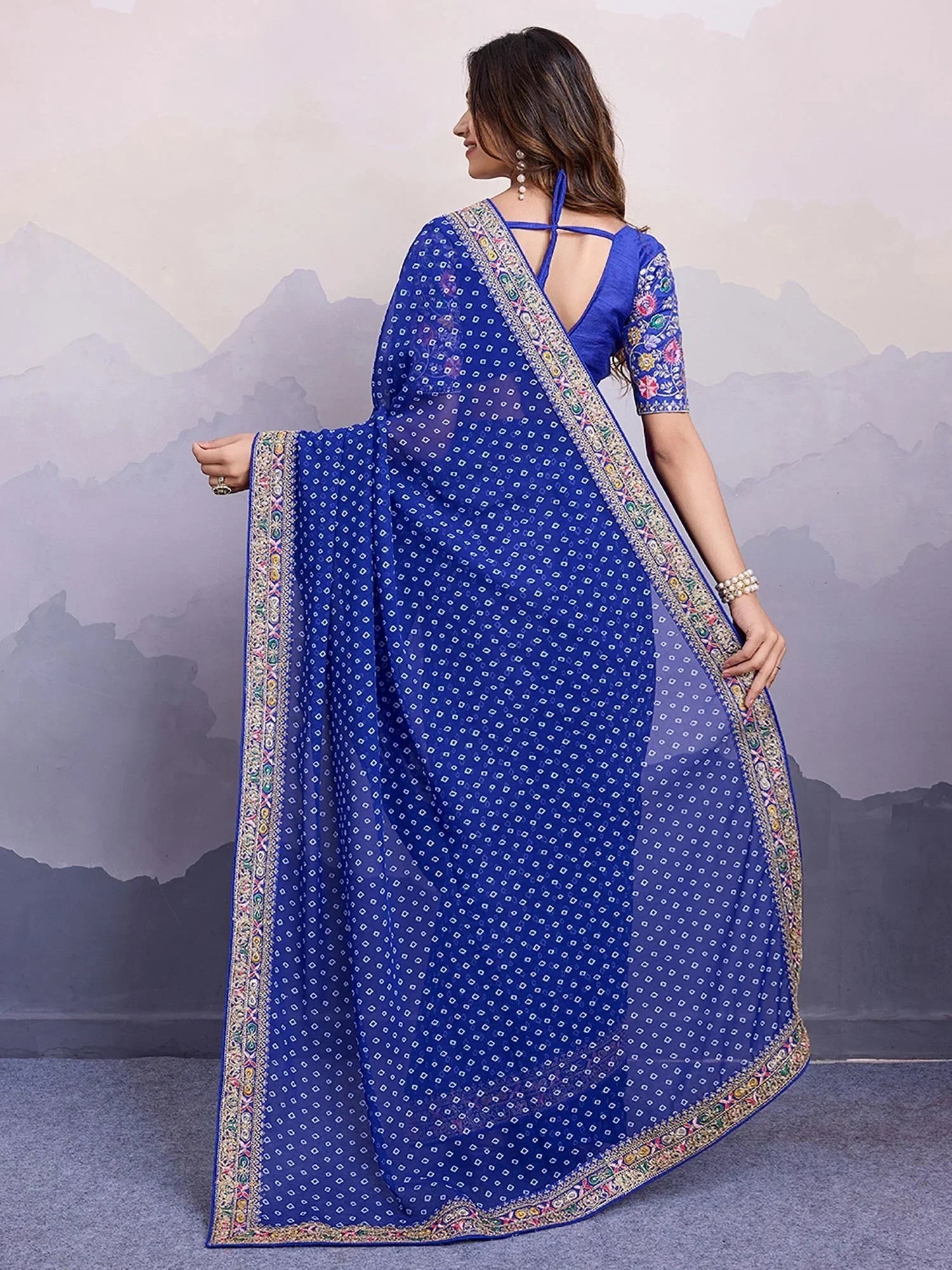 Royal Blue Pretty Georgette Bandhani Printed Saree With Blouse