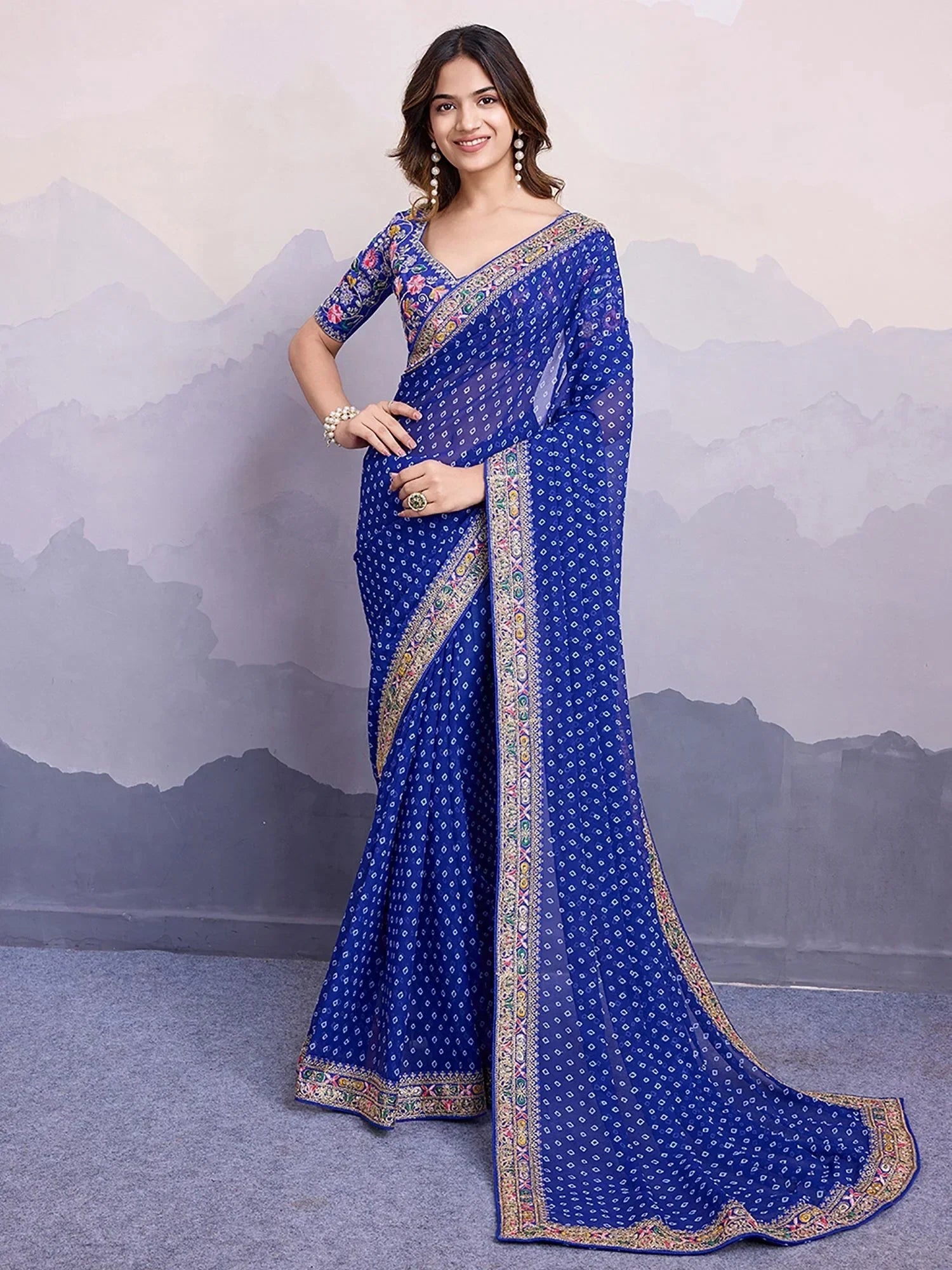 Royal Blue Pretty Georgette Bandhani Printed Saree With Blouse