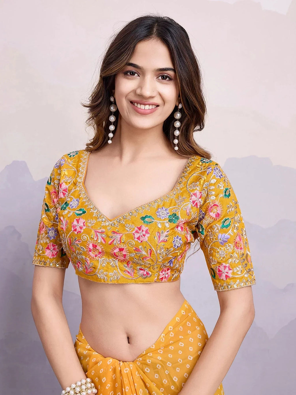 Yellow Pretty Georgette Bandhani Printed Saree With Blouse