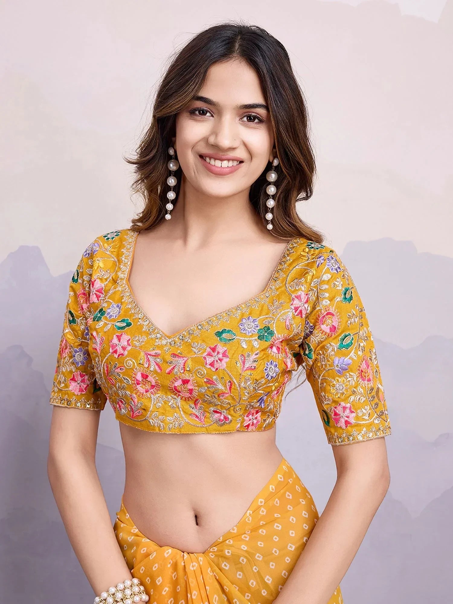 Yellow Pretty Georgette Bandhani Printed Saree With Blouse
