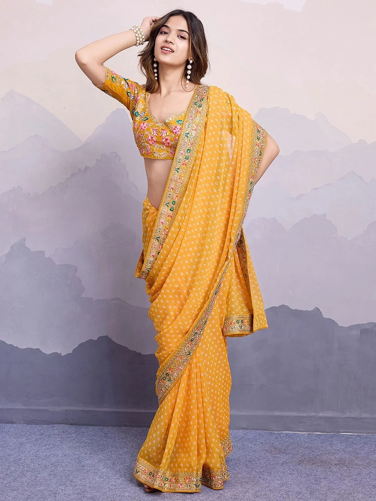 Yellow Pretty Georgette Bandhani Printed Saree With Blouse