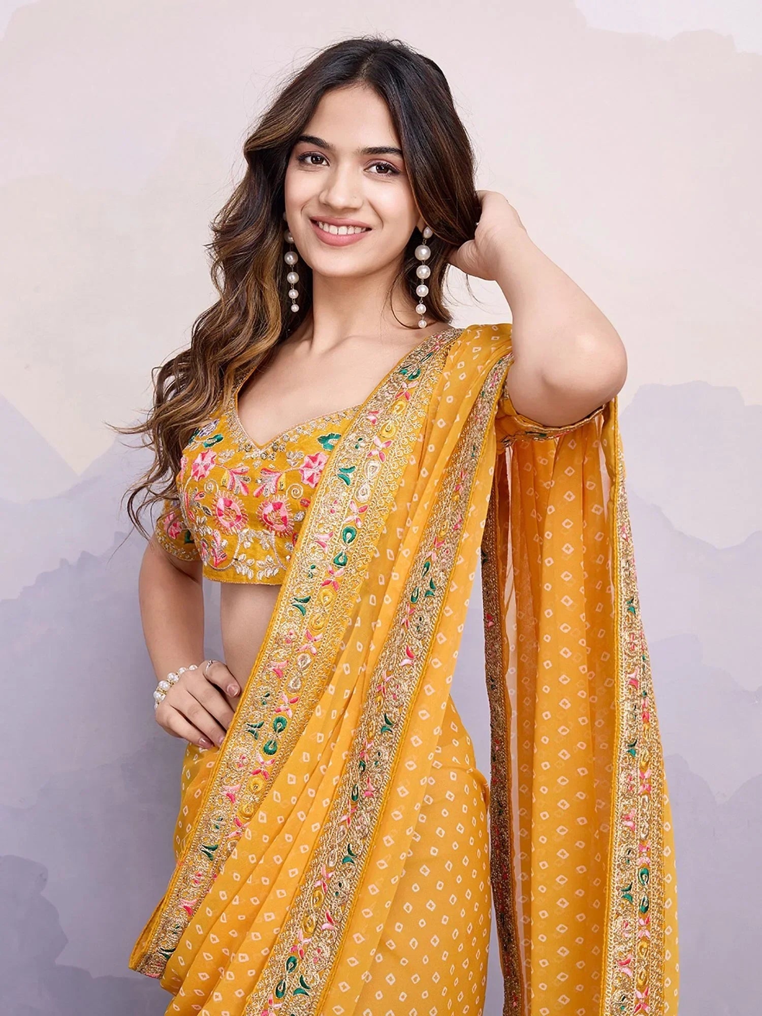 Yellow Pretty Georgette Bandhani Printed Saree With Blouse