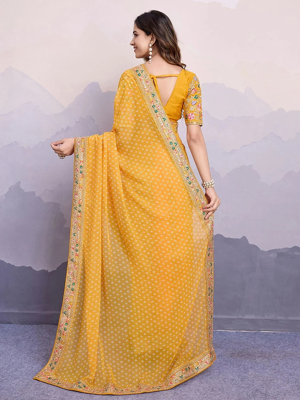 Yellow Pretty Georgette Bandhani Printed Saree With Blouse