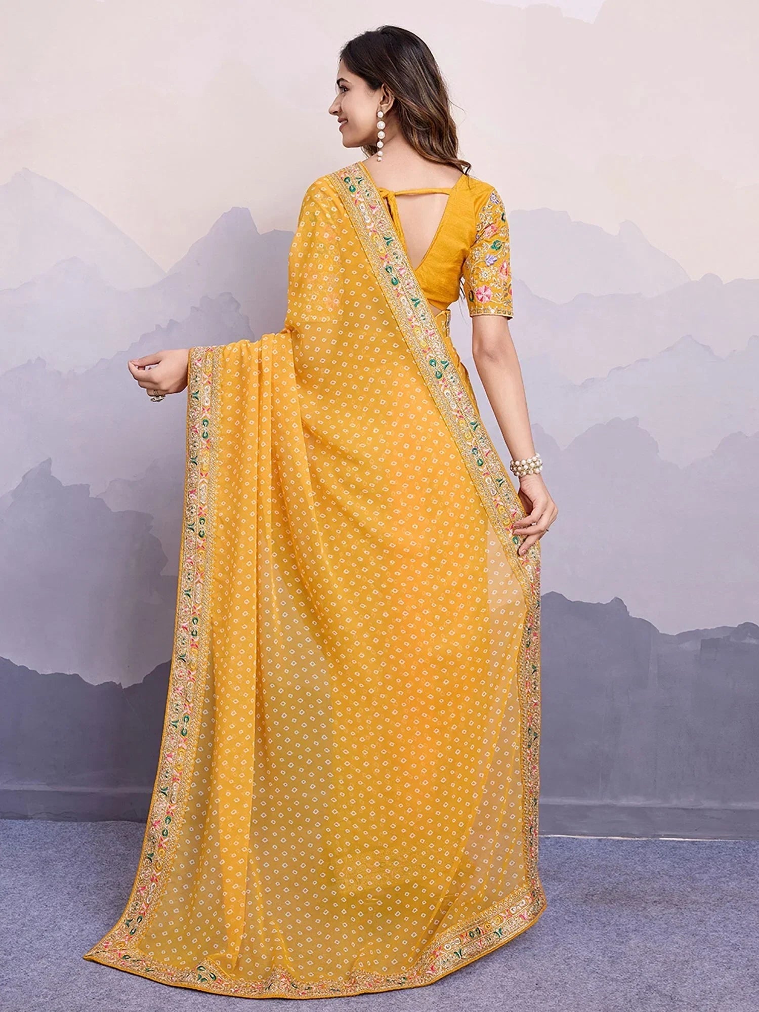 Yellow Pretty Georgette Bandhani Printed Saree With Blouse