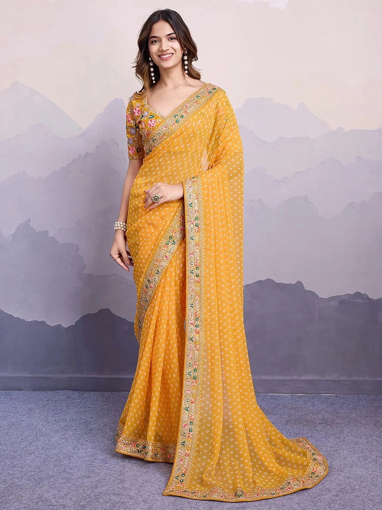Yellow Pretty Georgette Bandhani Printed Saree With Blouse