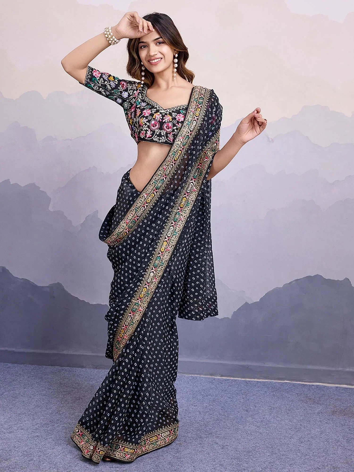 Black Pretty Georgette Bandhani Printed Saree With Blouse