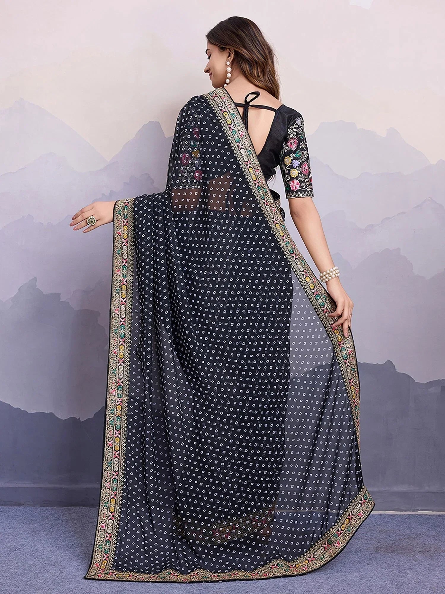 Black Pretty Georgette Bandhani Printed Saree With Blouse