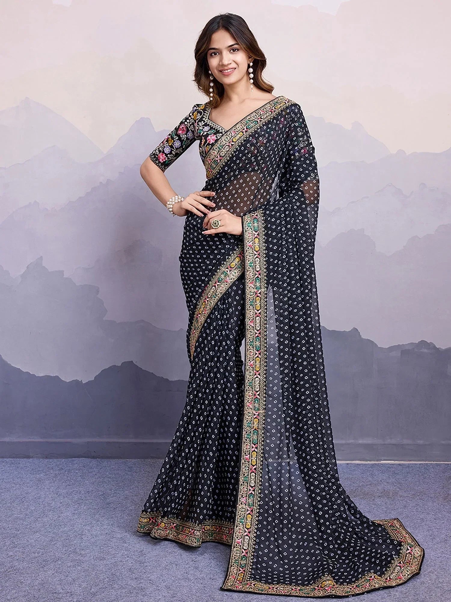Black Pretty Georgette Bandhani Printed Saree With Blouse