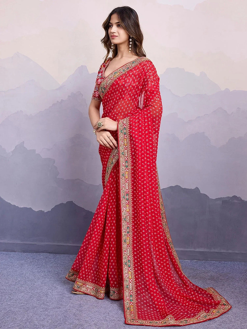 Red Pretty Georgette Bandhani Printed Saree With Blouse