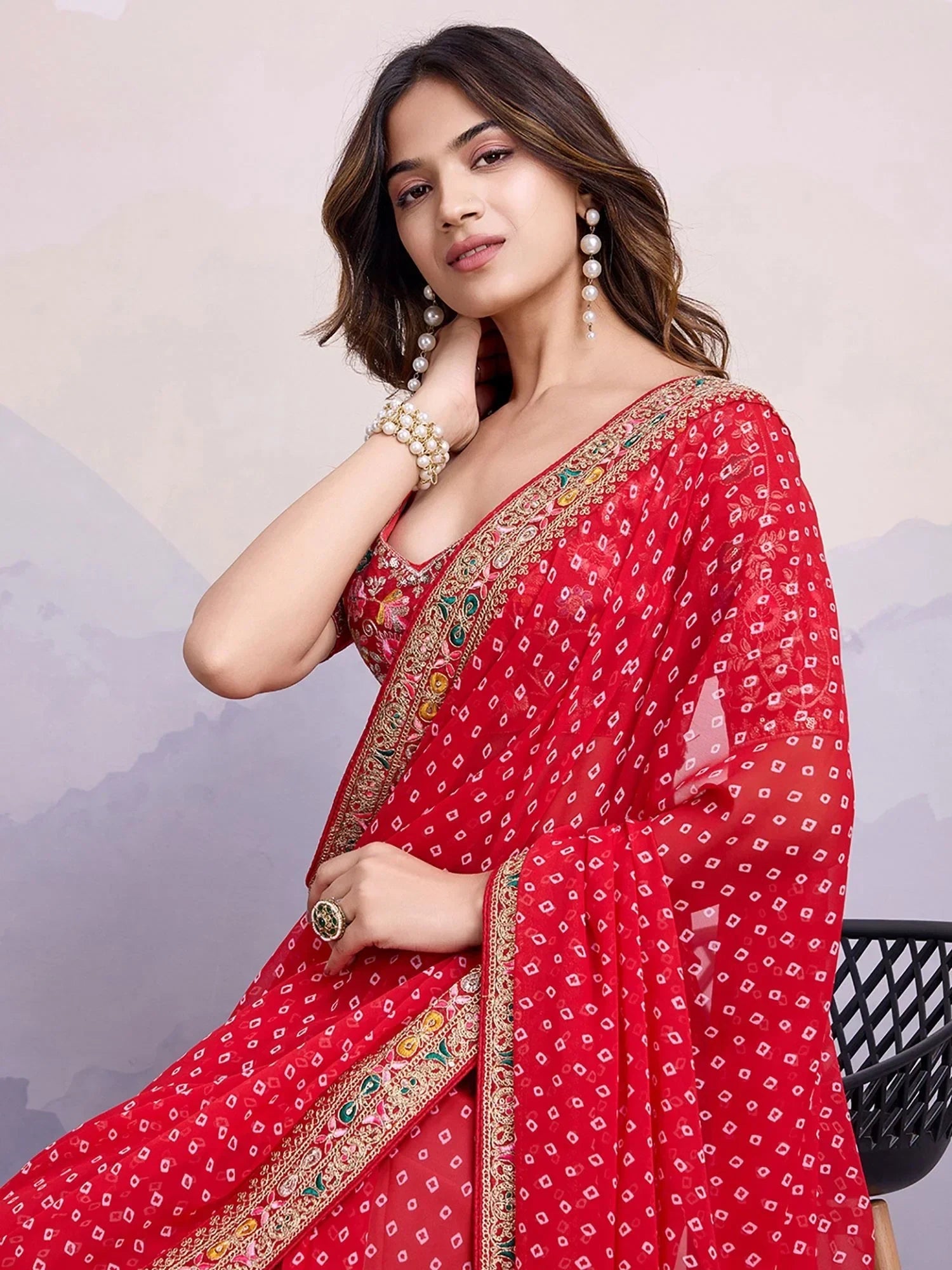 Red Pretty Georgette Bandhani Printed Saree With Blouse