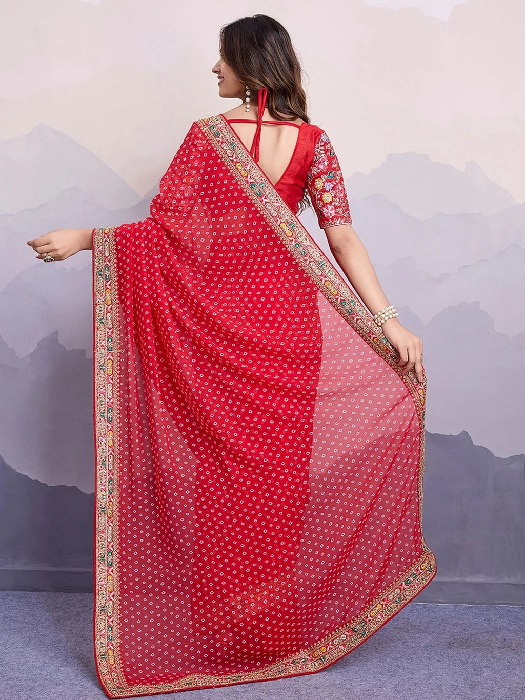 Red Pretty Georgette Bandhani Printed Saree With Blouse