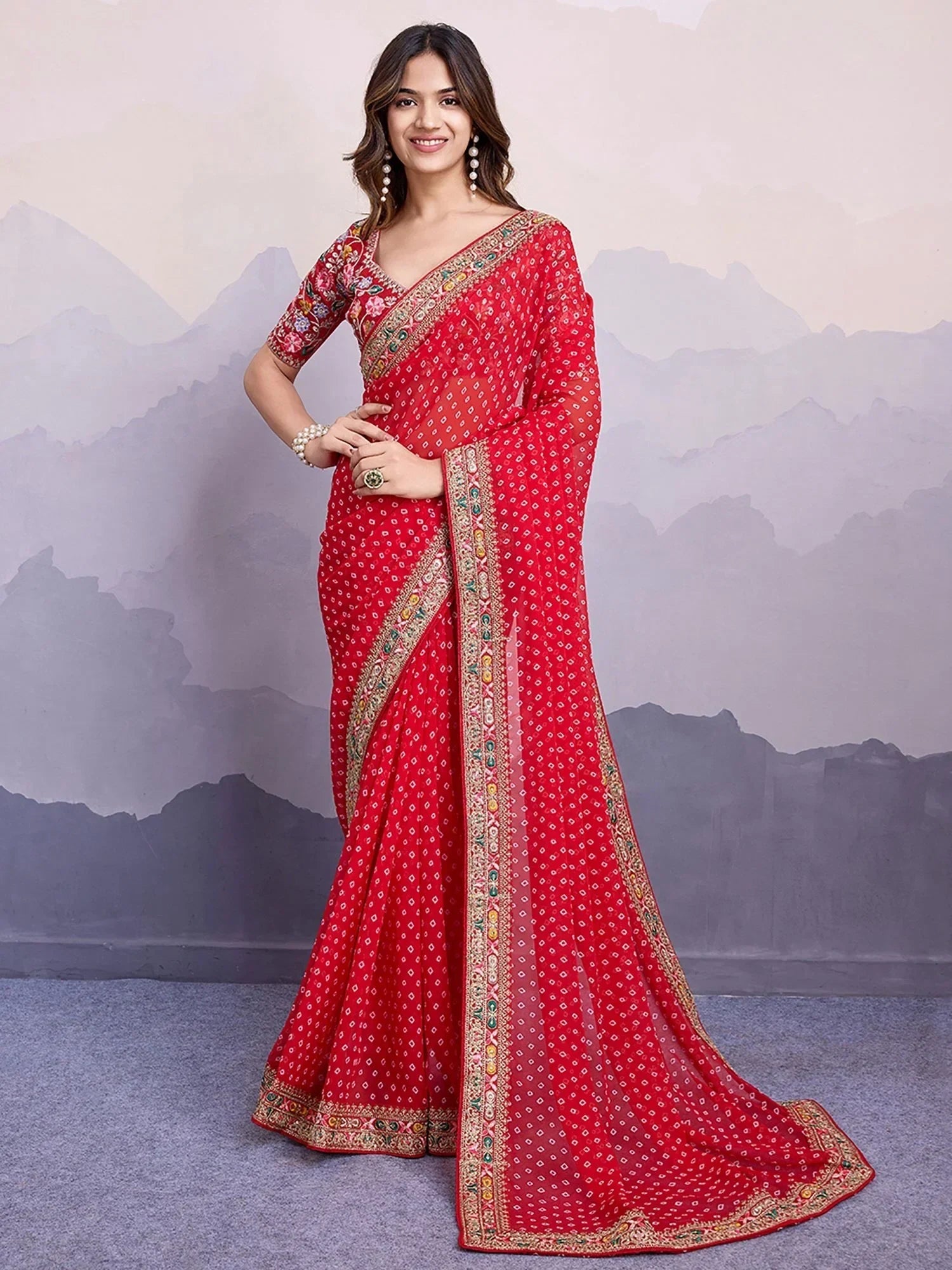 Red Pretty Georgette Bandhani Printed Saree With Blouse
