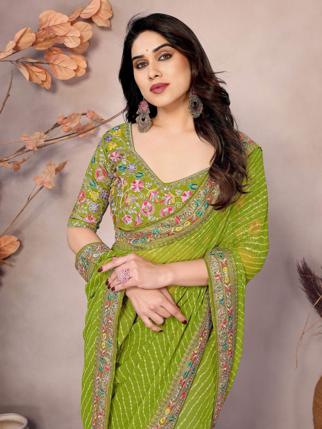 Parrot Attractive Georgette Thread Embroidered Saree