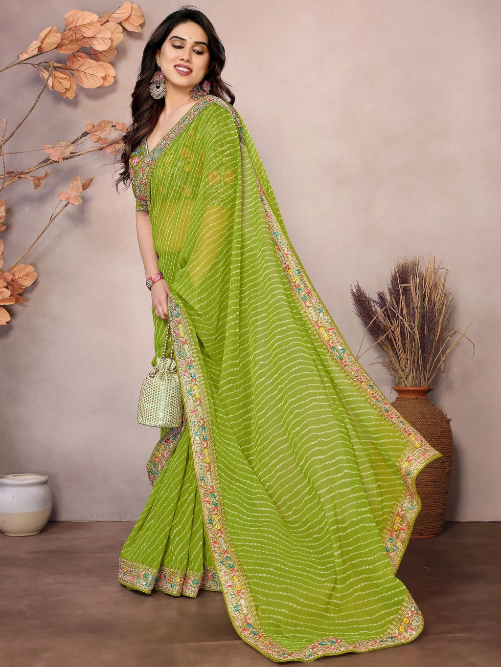 Parrot Attractive Georgette Thread Embroidered Saree