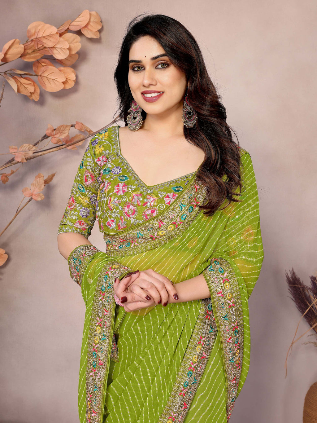 Parrot Attractive Georgette Thread Embroidered Saree