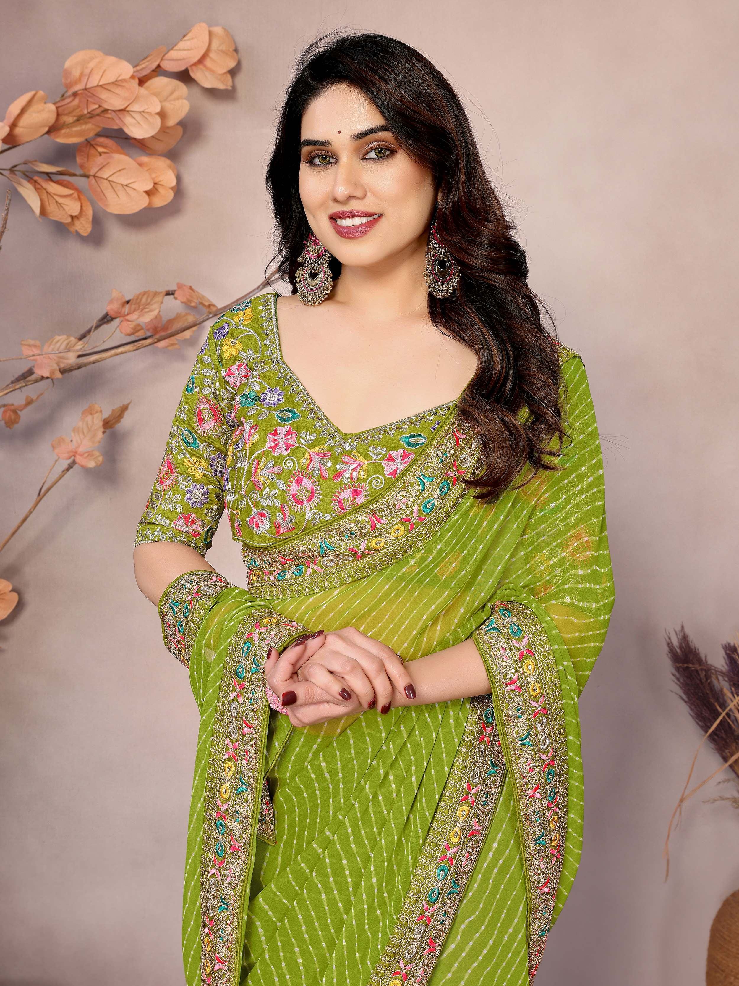 Parrot Attractive Georgette Thread Embroidered Saree