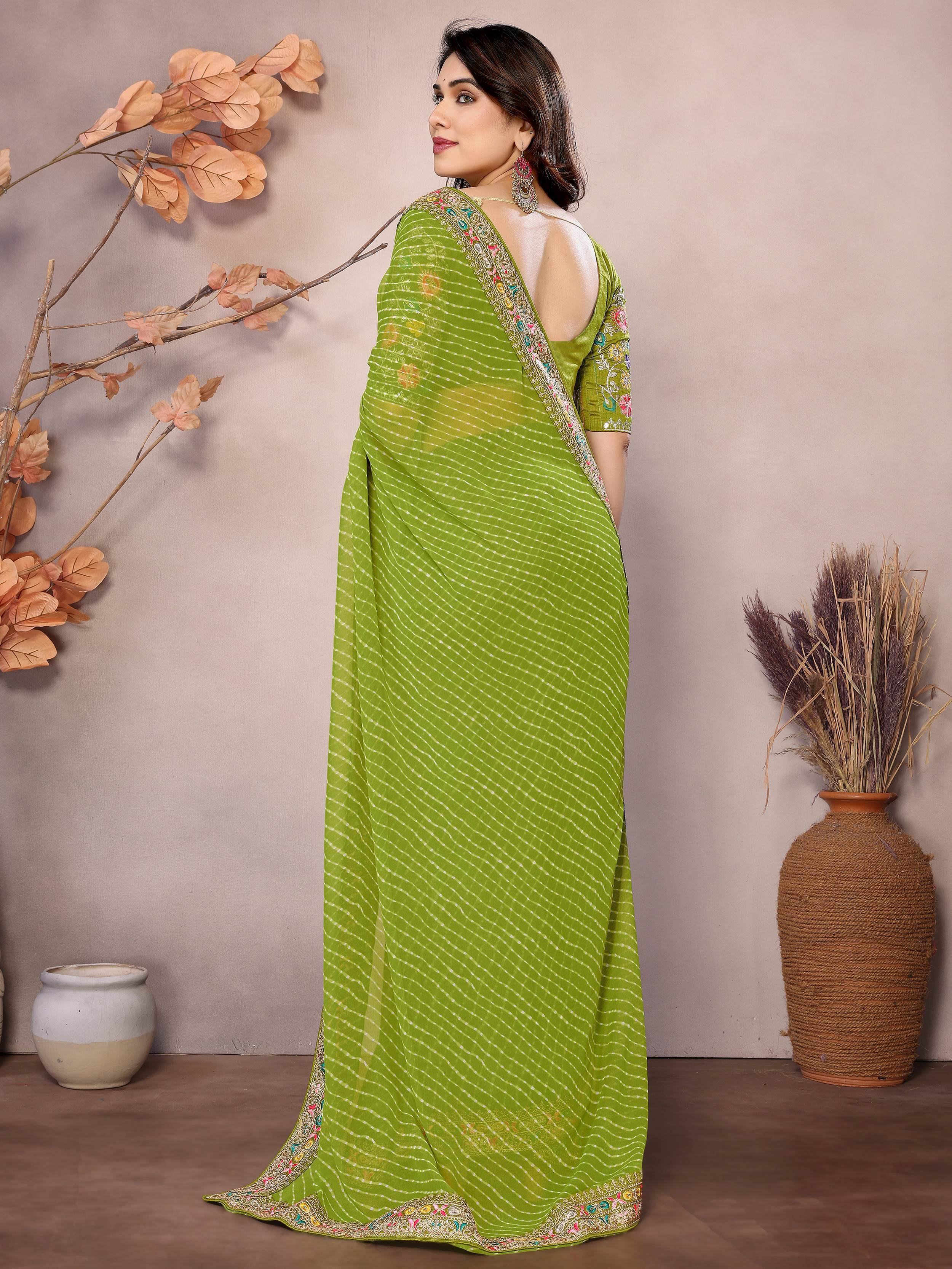 Parrot Attractive Georgette Thread Embroidered Saree