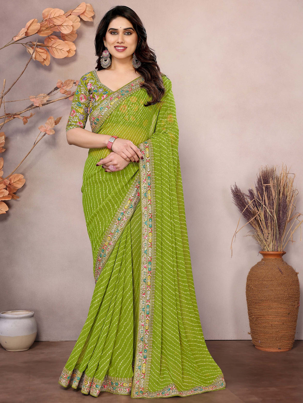 Parrot Attractive Georgette Thread Embroidered Saree