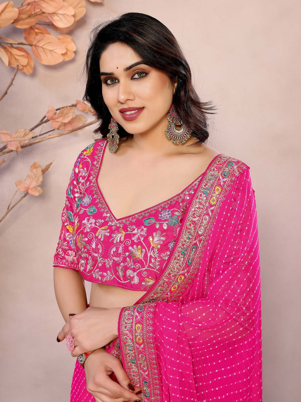 Pink Attractive Georgette Thread Embroidered Saree