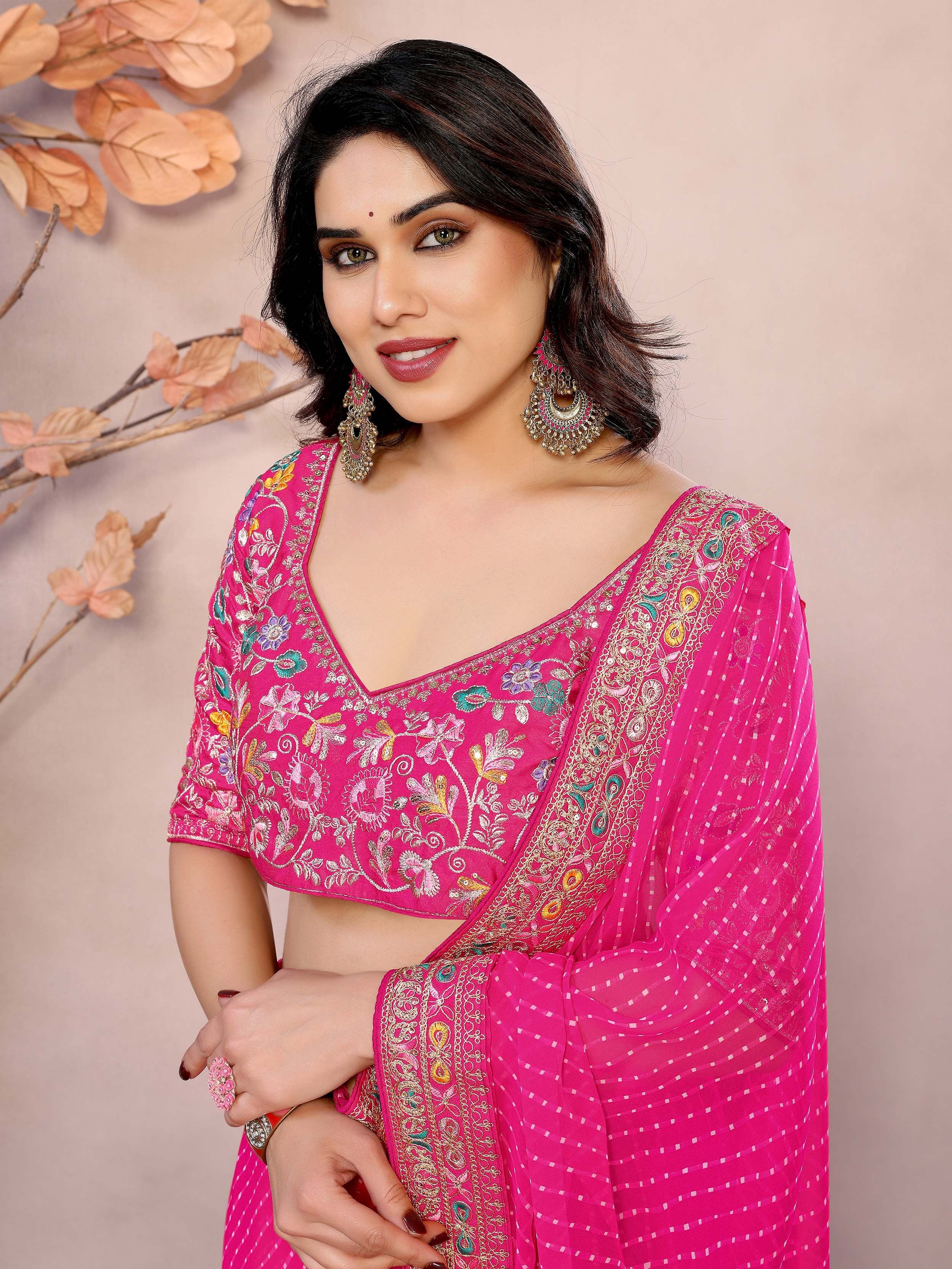 Pink Attractive Georgette Thread Embroidered Saree