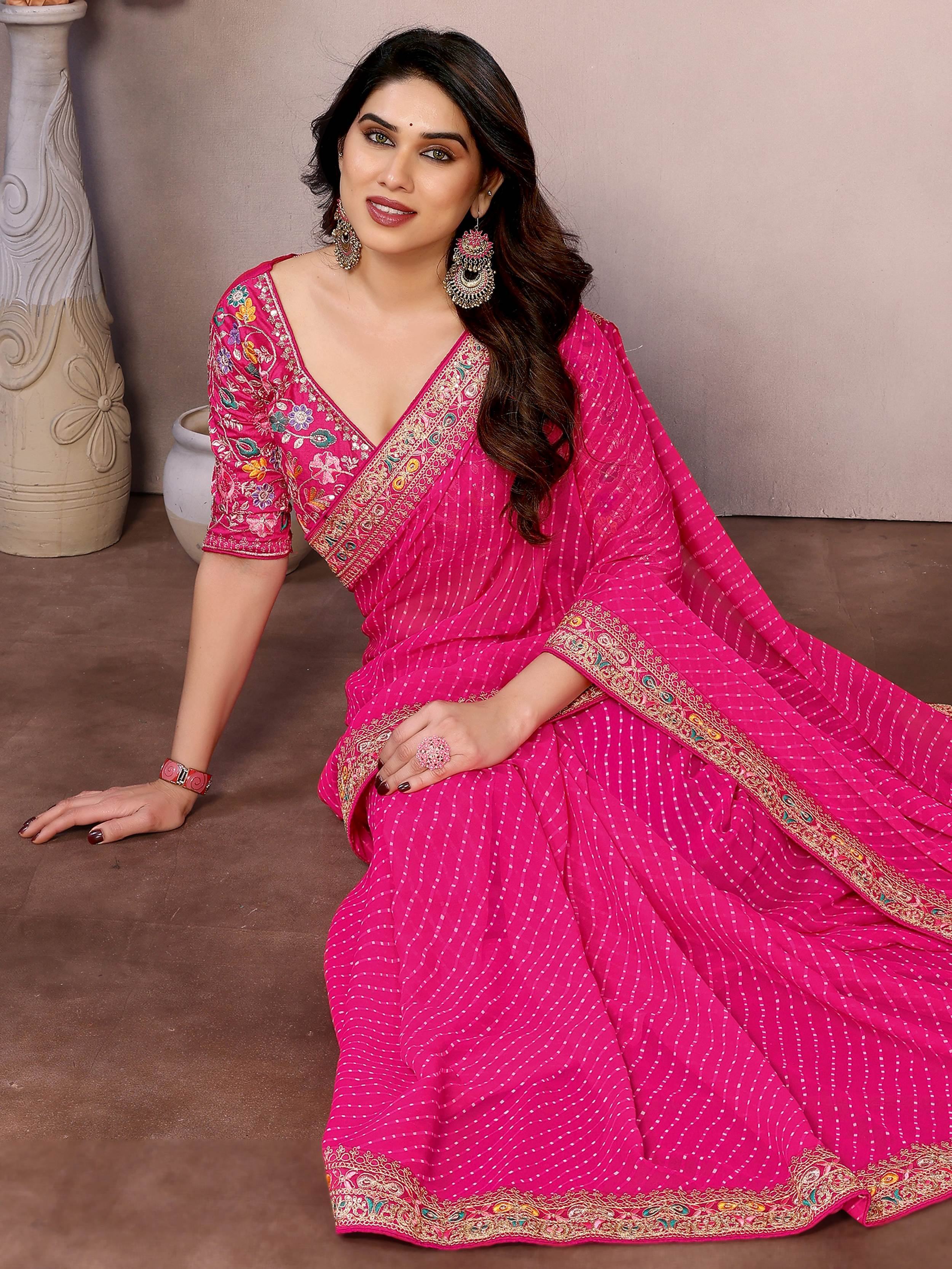 Pink Attractive Georgette Thread Embroidered Saree