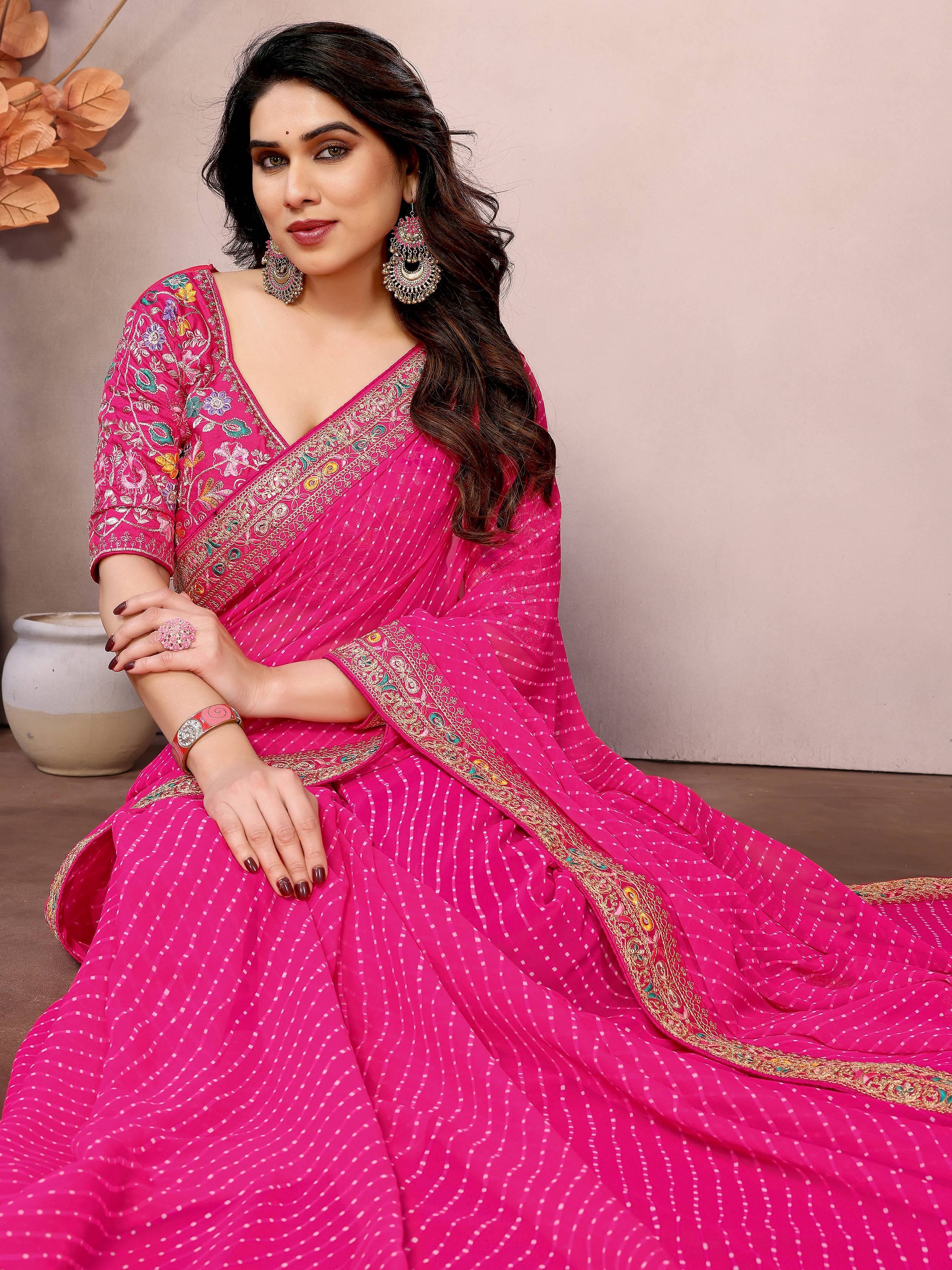 Pink Attractive Georgette Thread Embroidered Saree