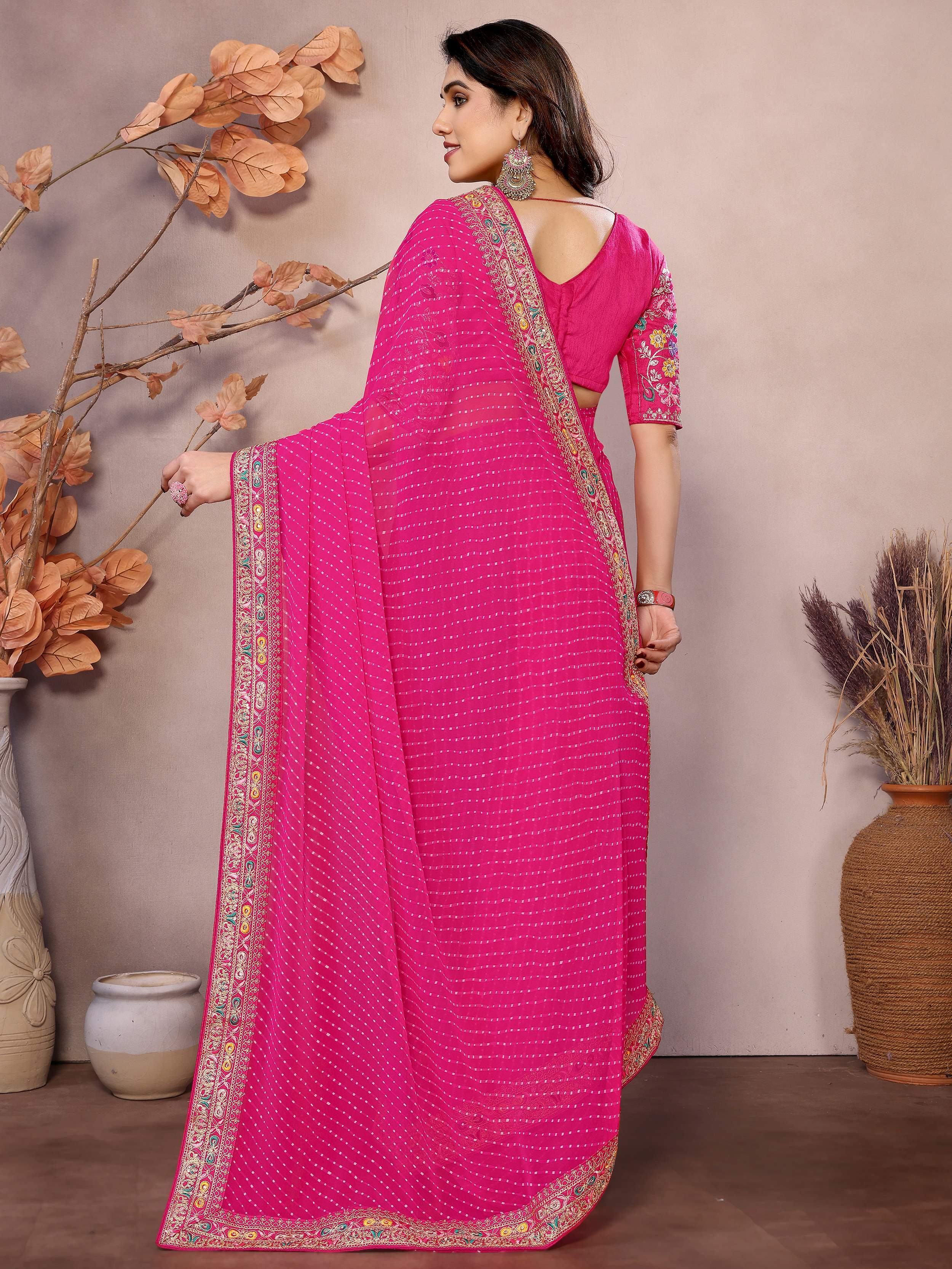 Pink Attractive Georgette Thread Embroidered Saree
