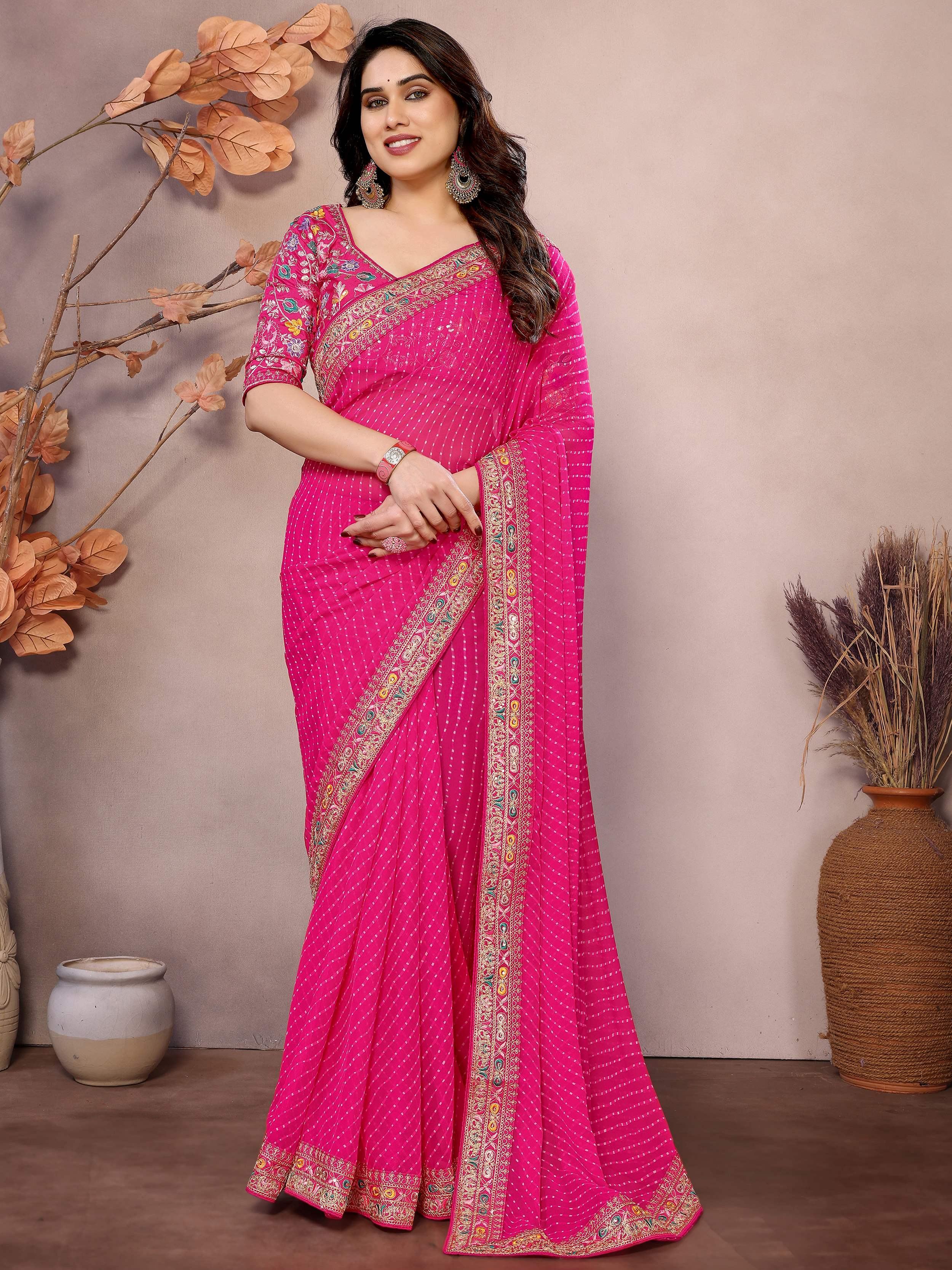 Pink Attractive Georgette Thread Embroidered Saree