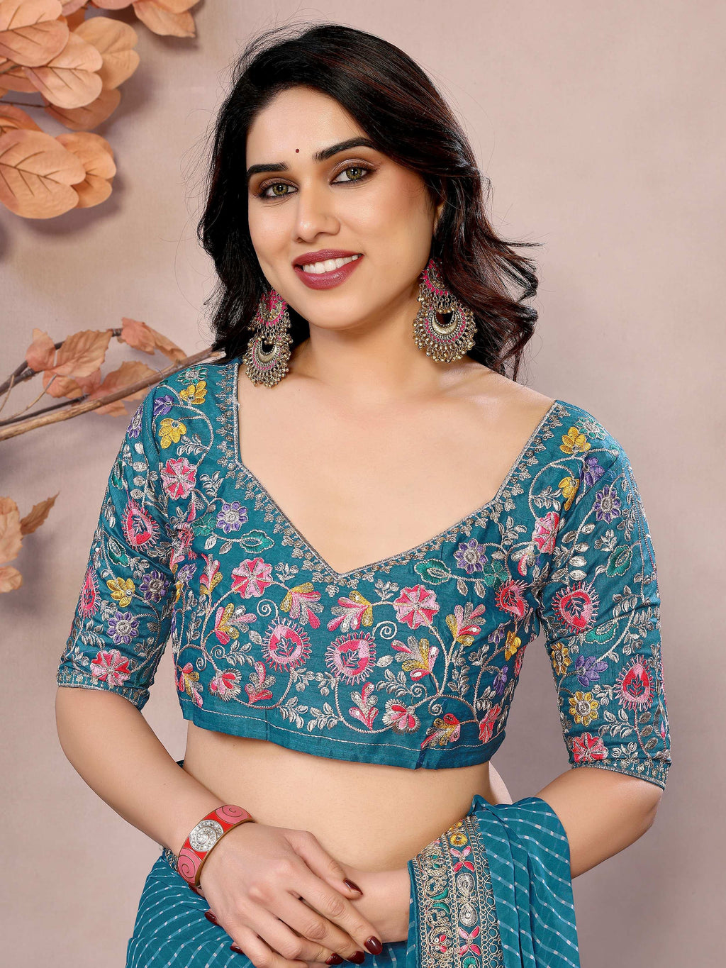 Teal Attractive Georgette Thread Embroidered Saree