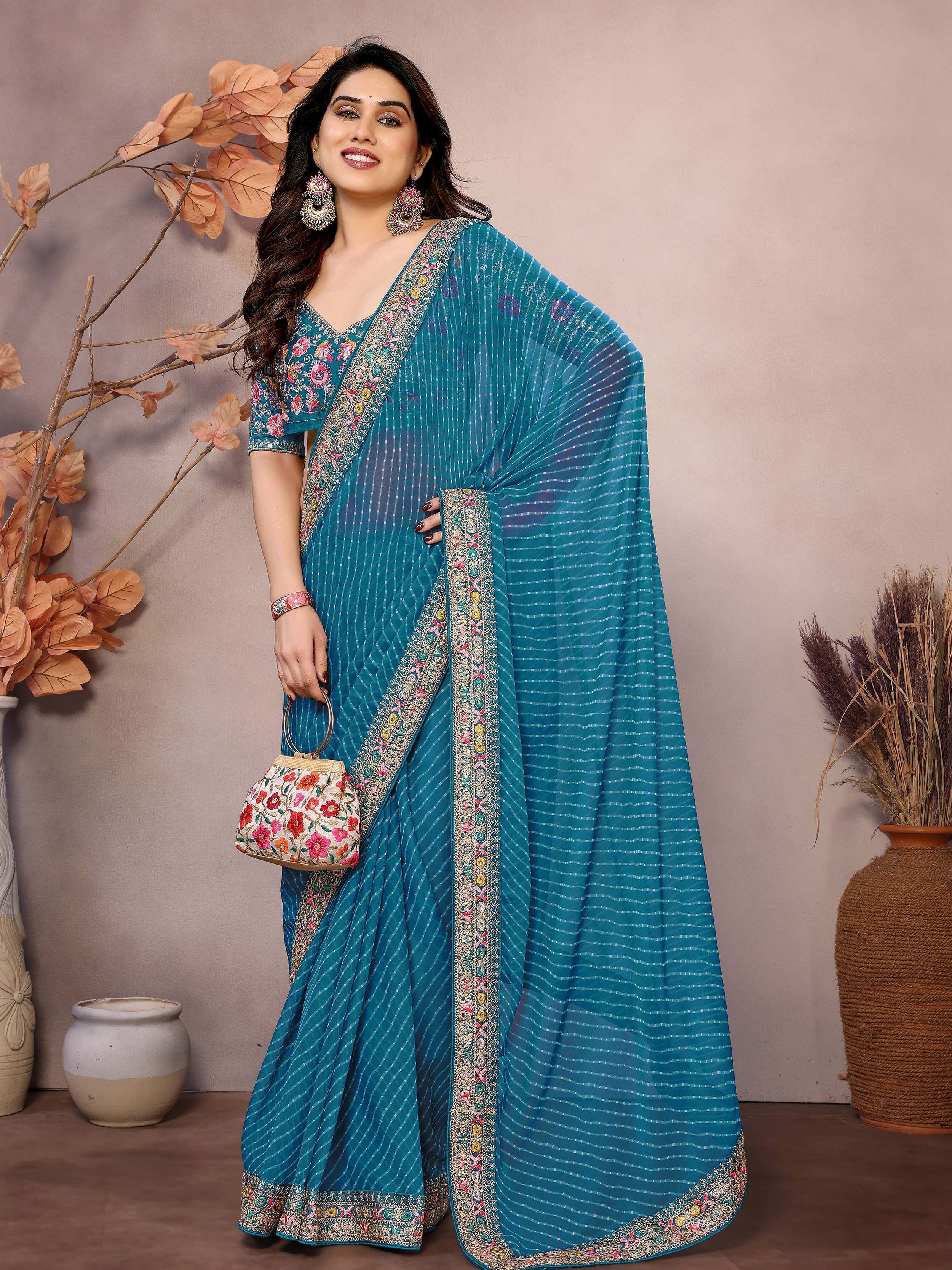 Teal Attractive Georgette Thread Embroidered Saree