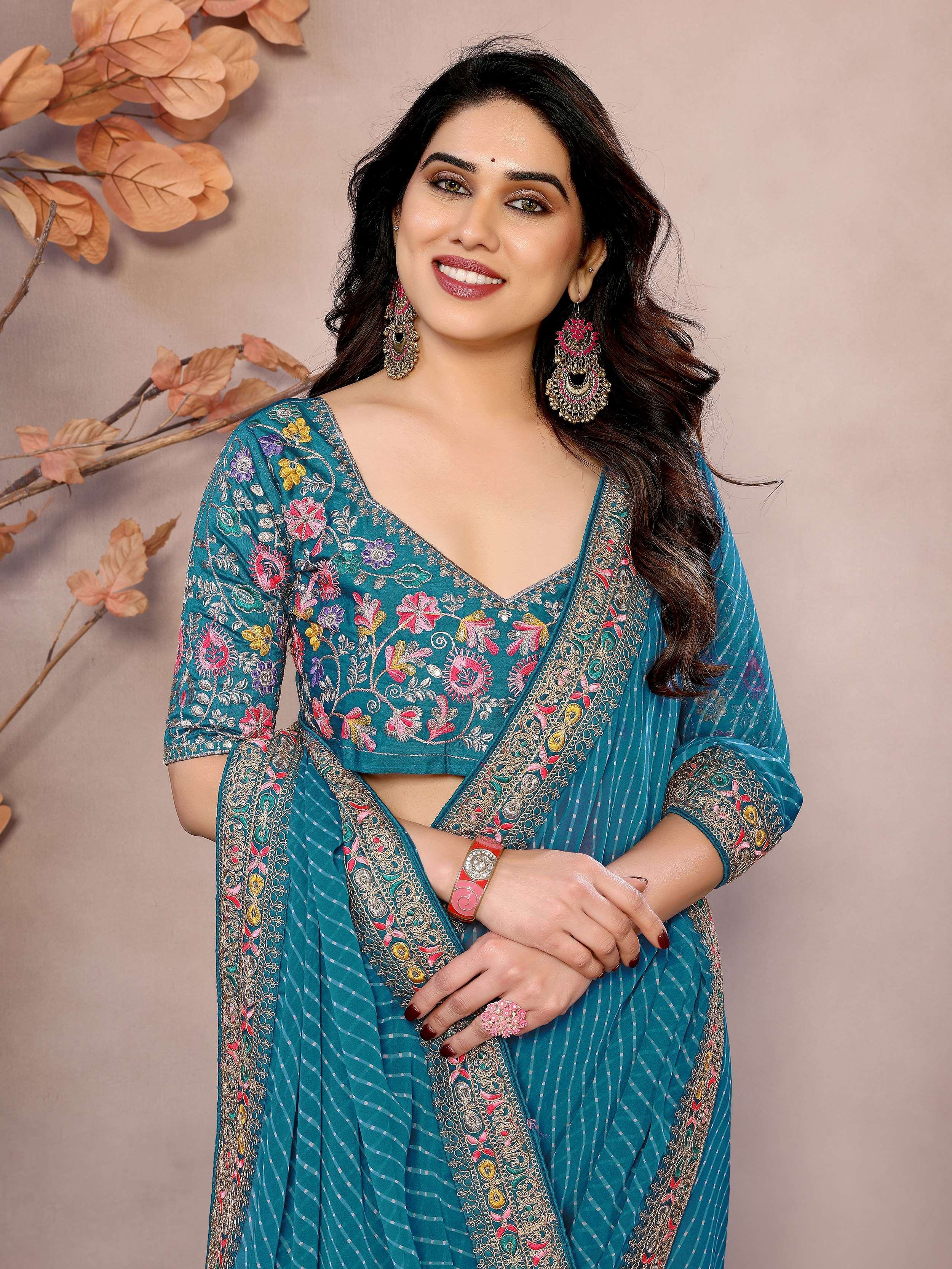 Teal Attractive Georgette Thread Embroidered Saree