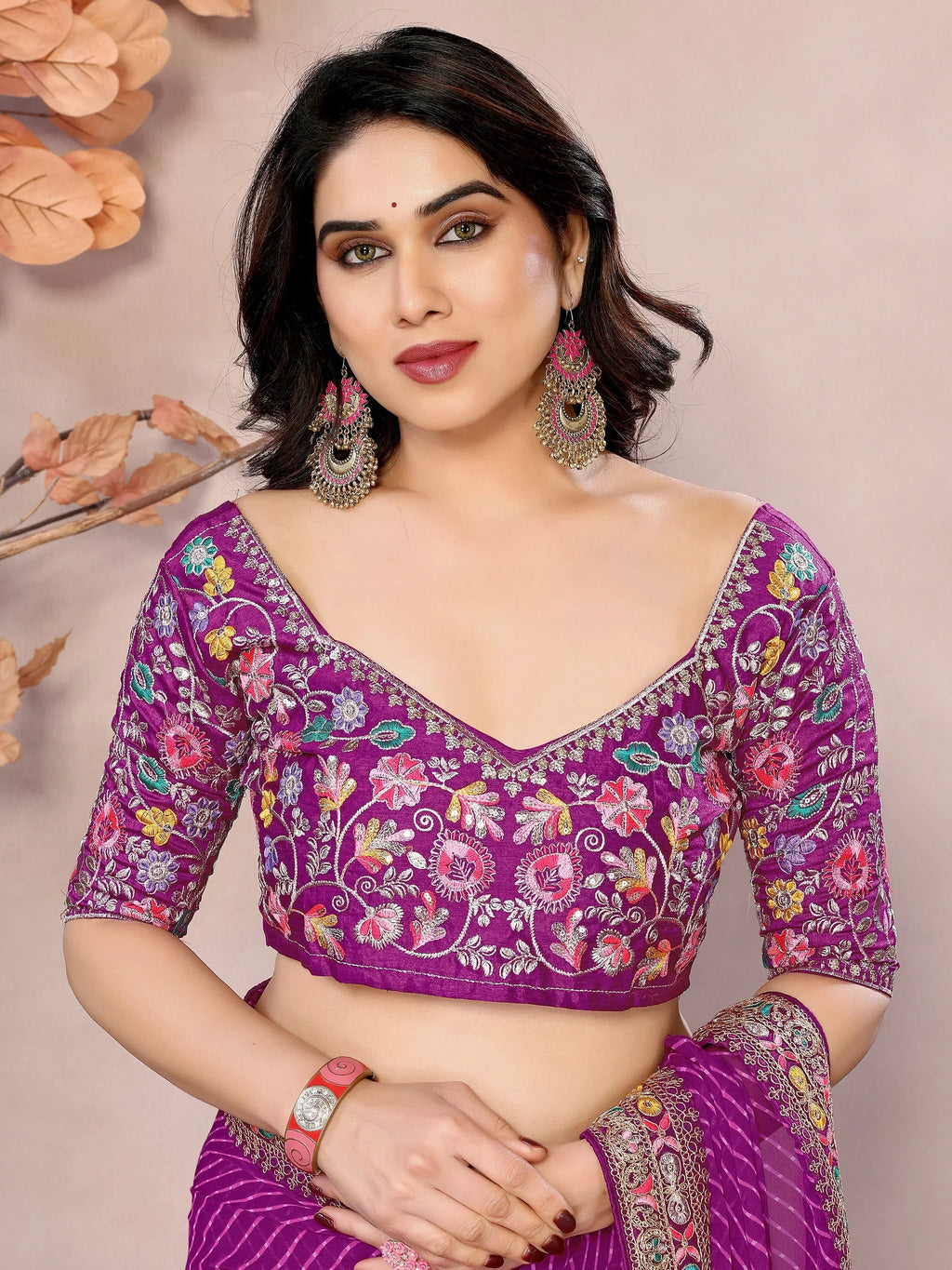 Purple Attractive Georgette Thread Embroidered Saree