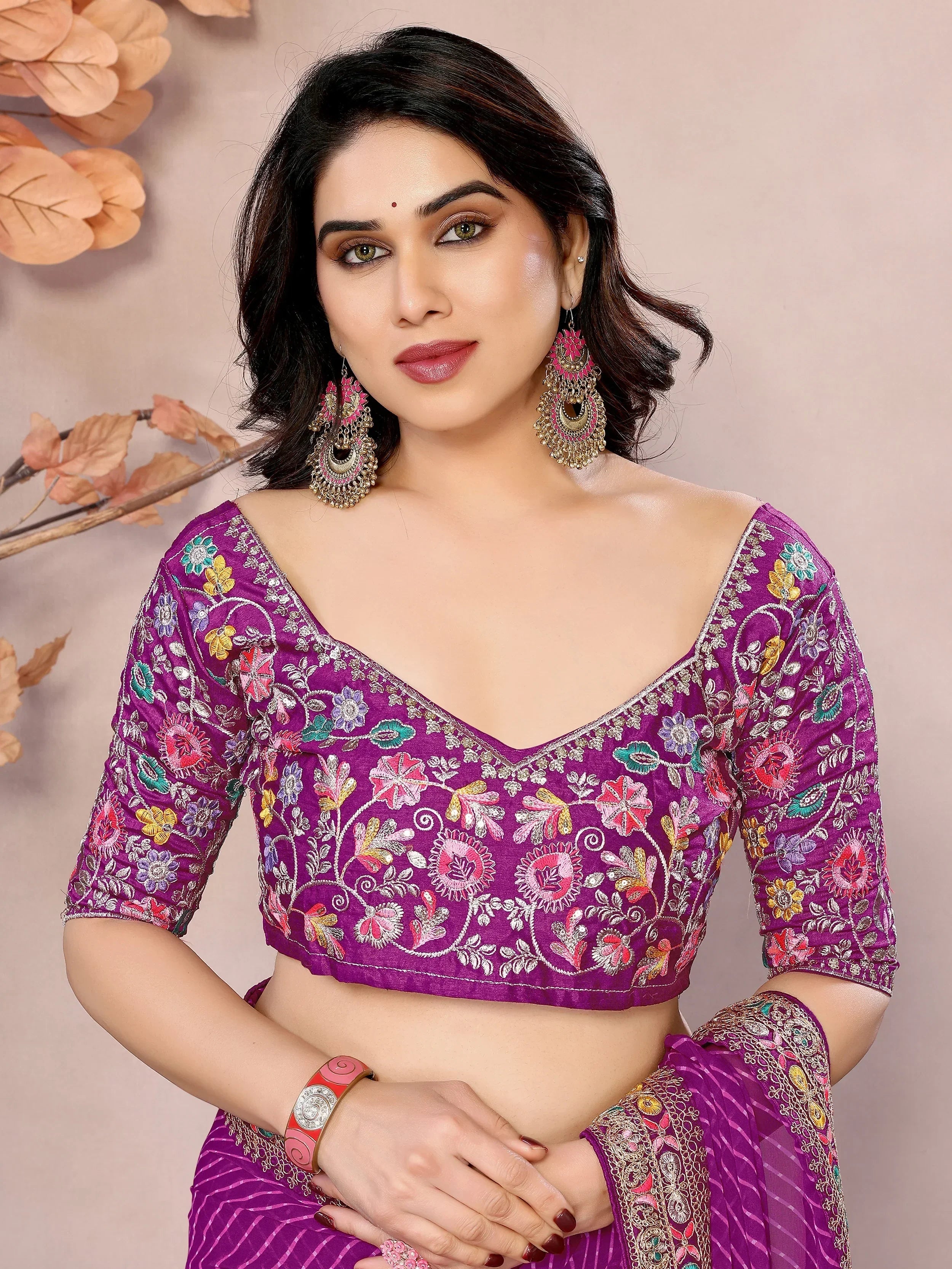 Purple Attractive Georgette Thread Embroidered Saree