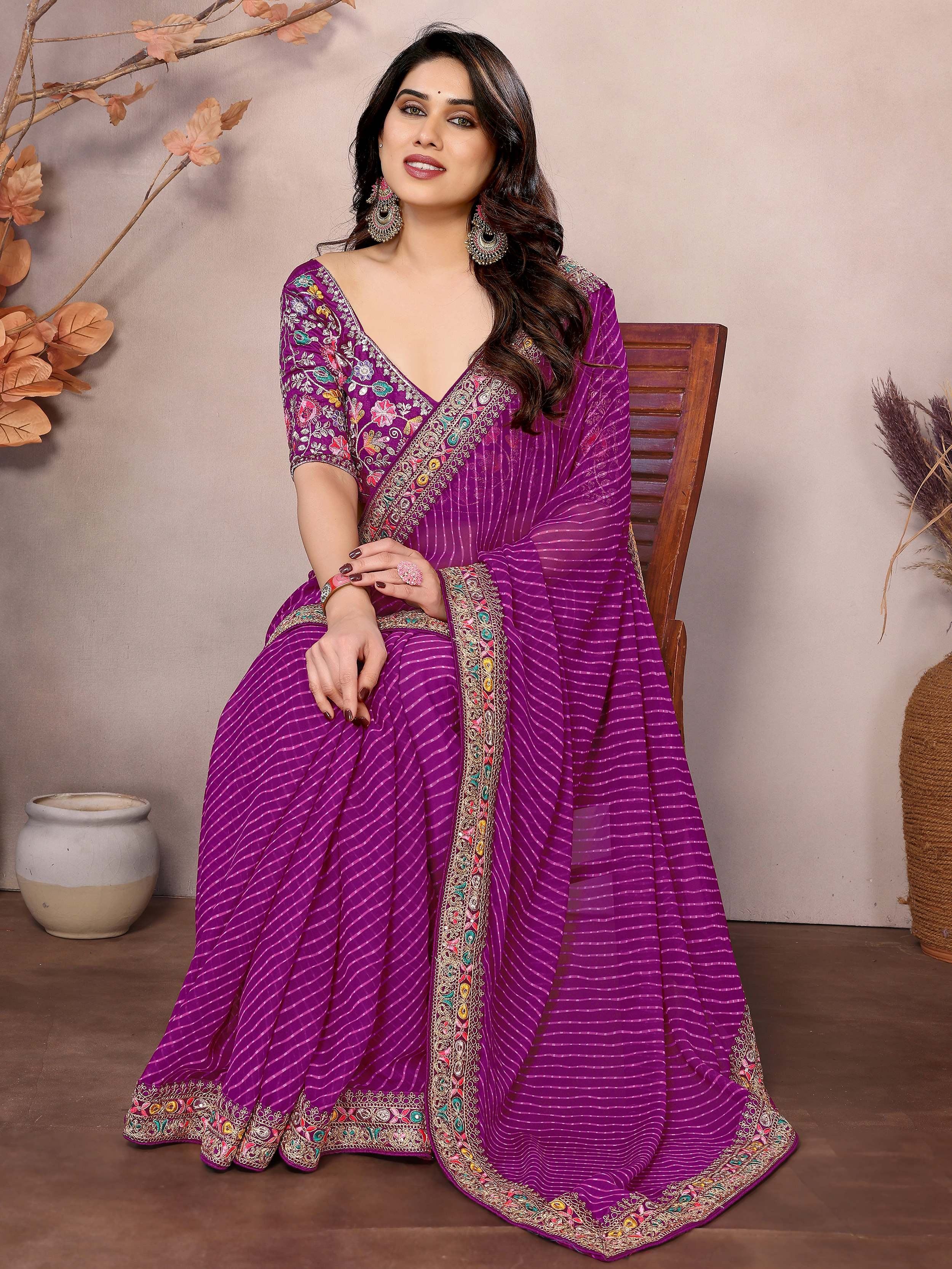 Purple Attractive Georgette Thread Embroidered Saree