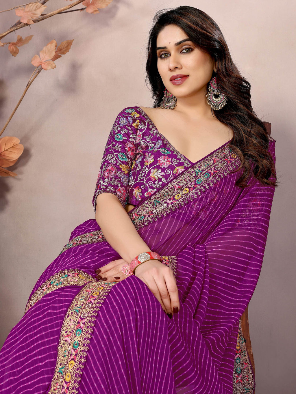 Purple Attractive Georgette Thread Embroidered Saree