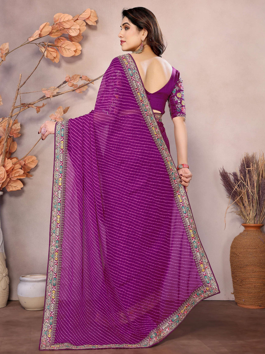 Purple Attractive Georgette Thread Embroidered Saree
