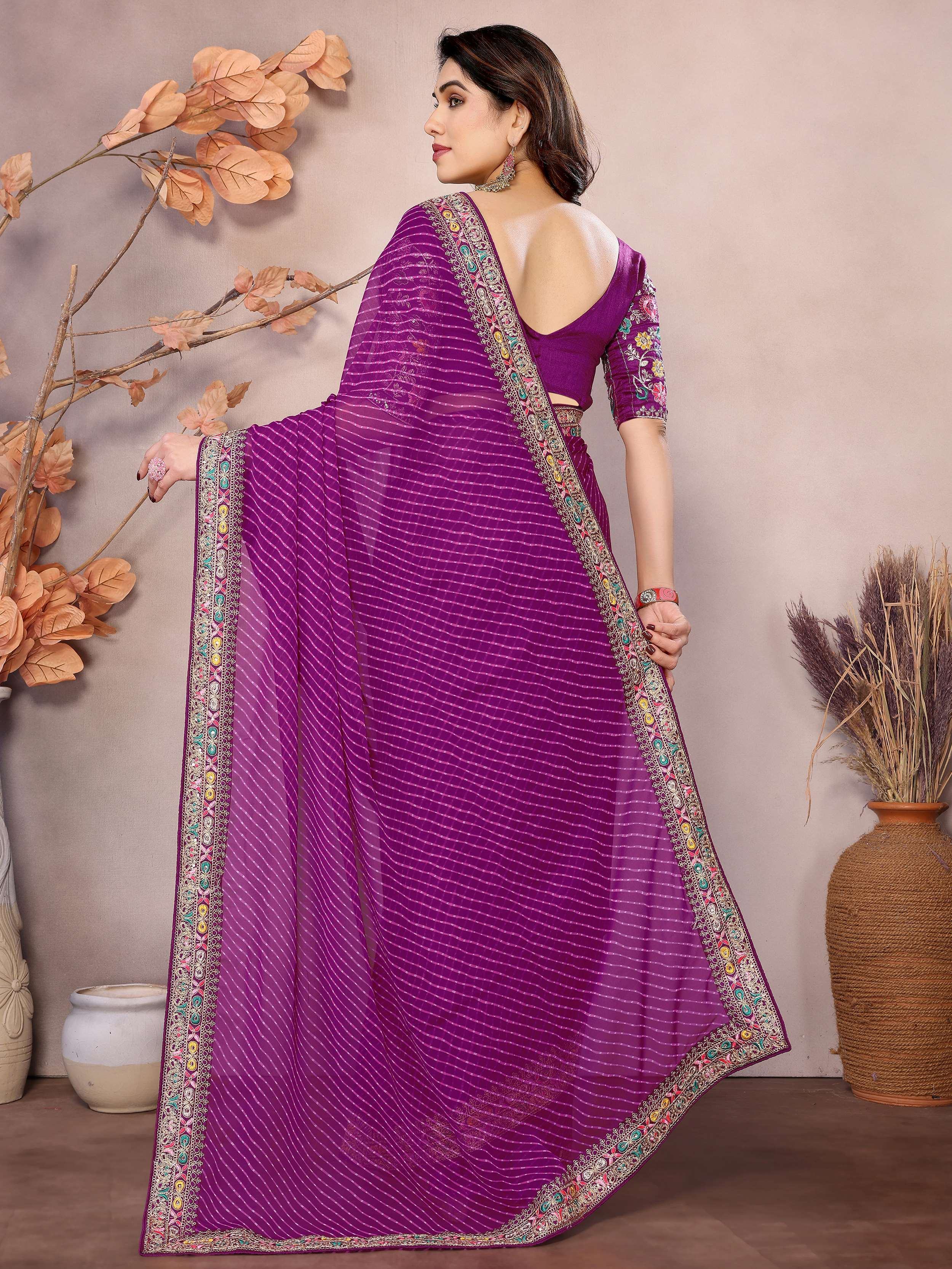 Purple Attractive Georgette Thread Embroidered Saree