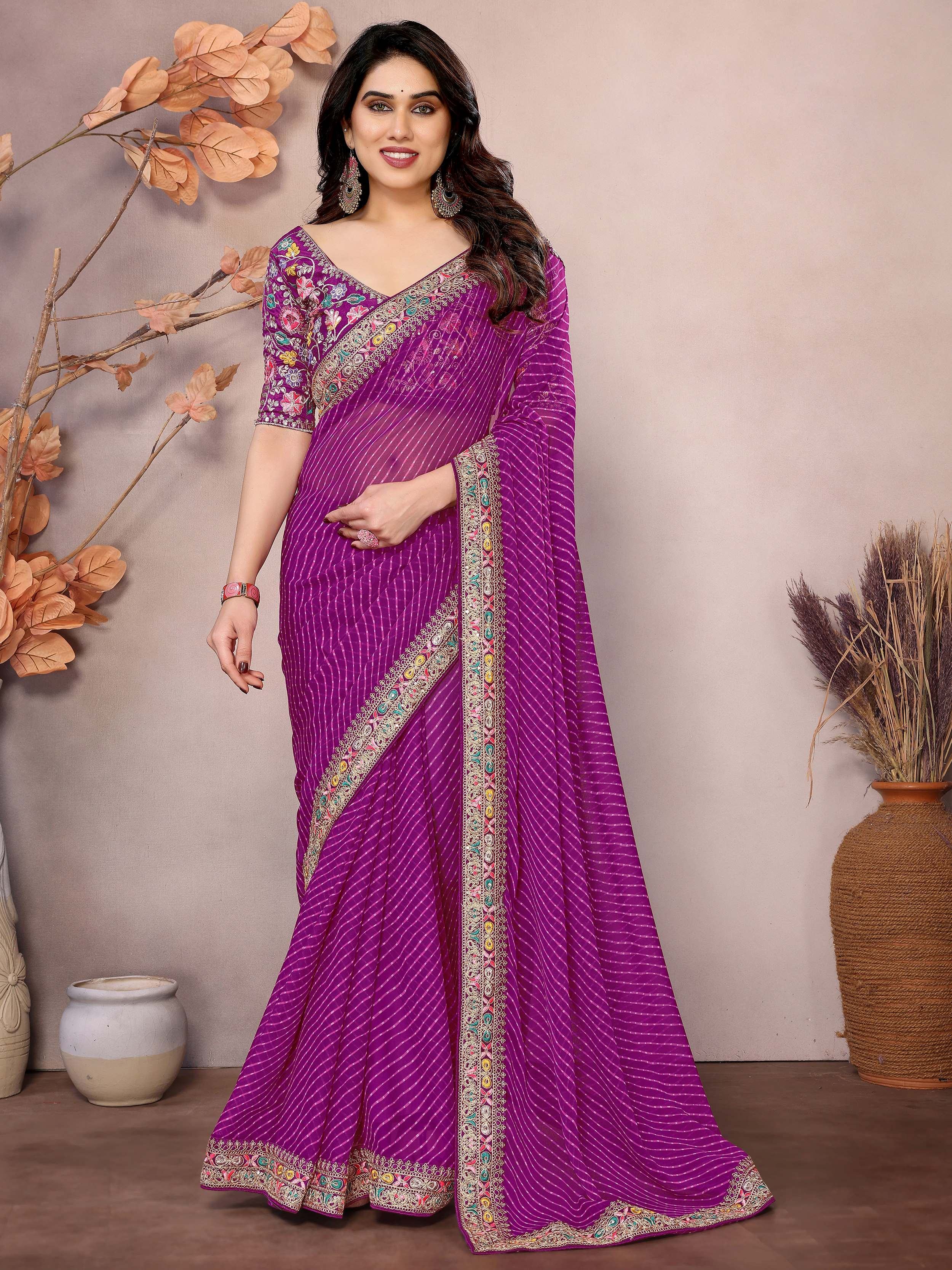 Purple Attractive Georgette Thread Embroidered Saree
