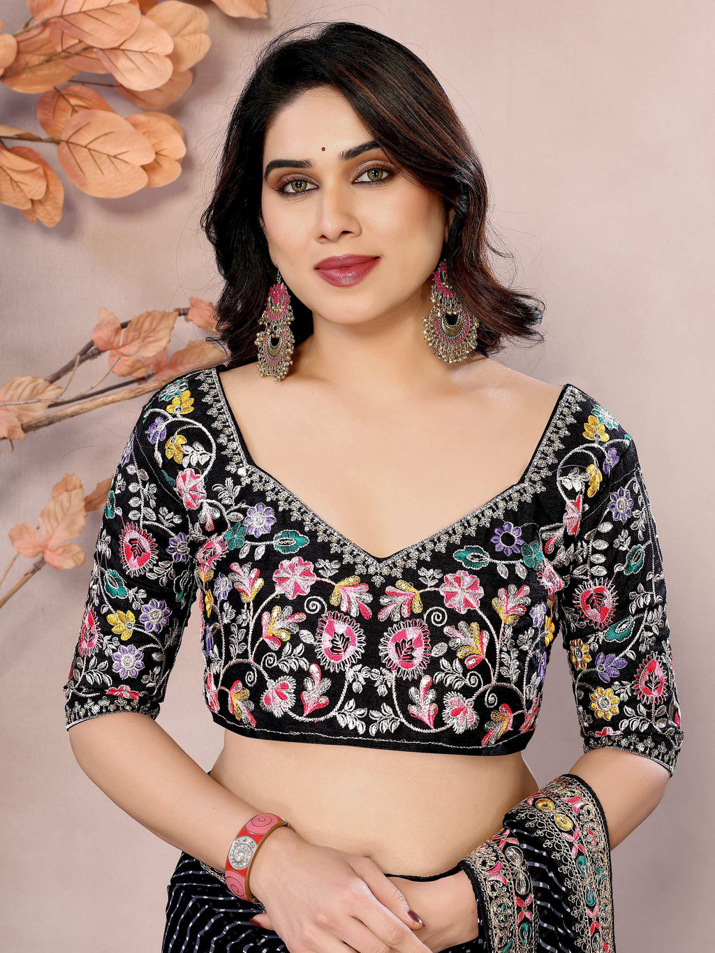 Black Attractive Georgette Thread Embroidered Saree
