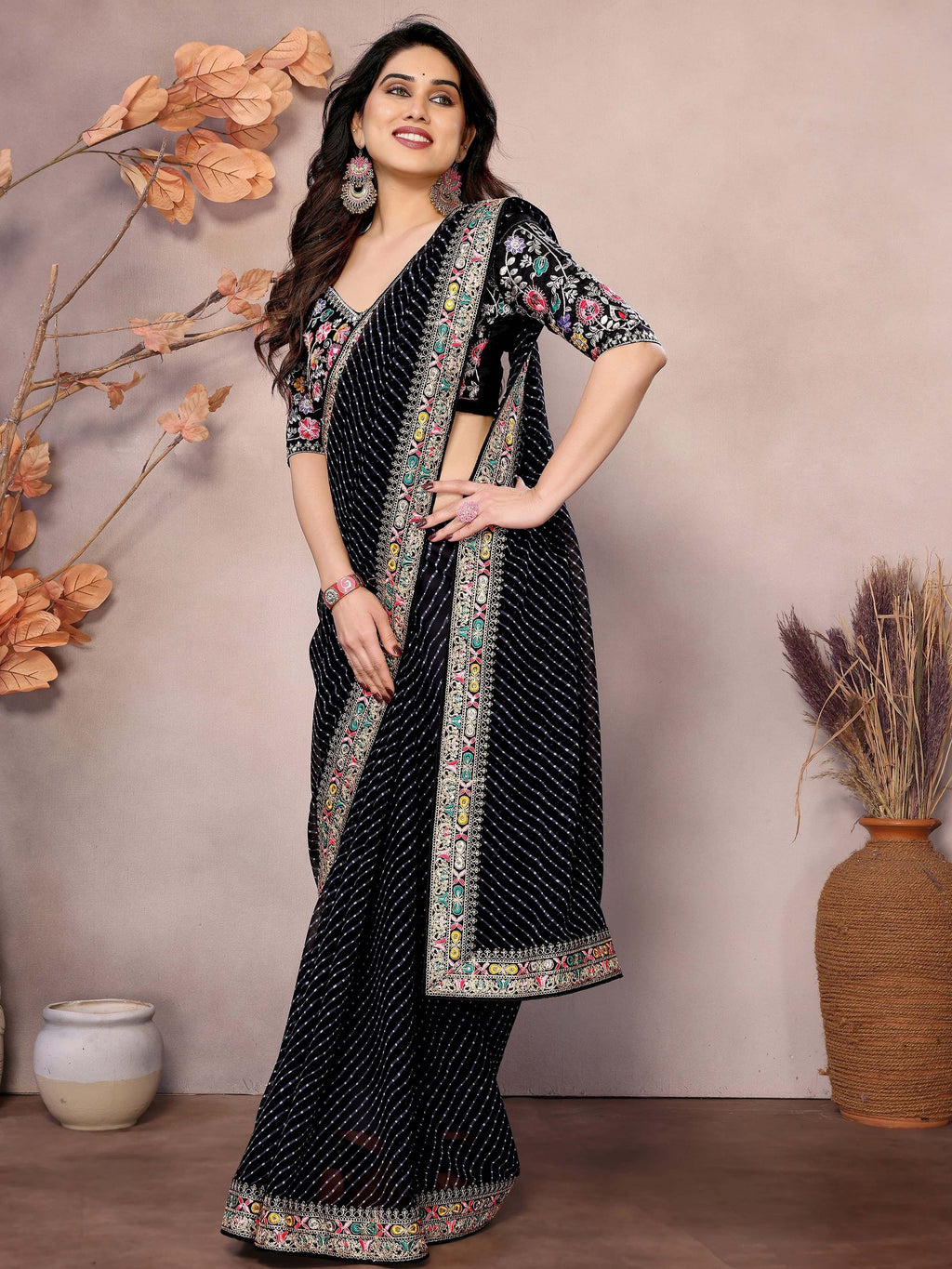 Black Attractive Georgette Thread Embroidered Saree