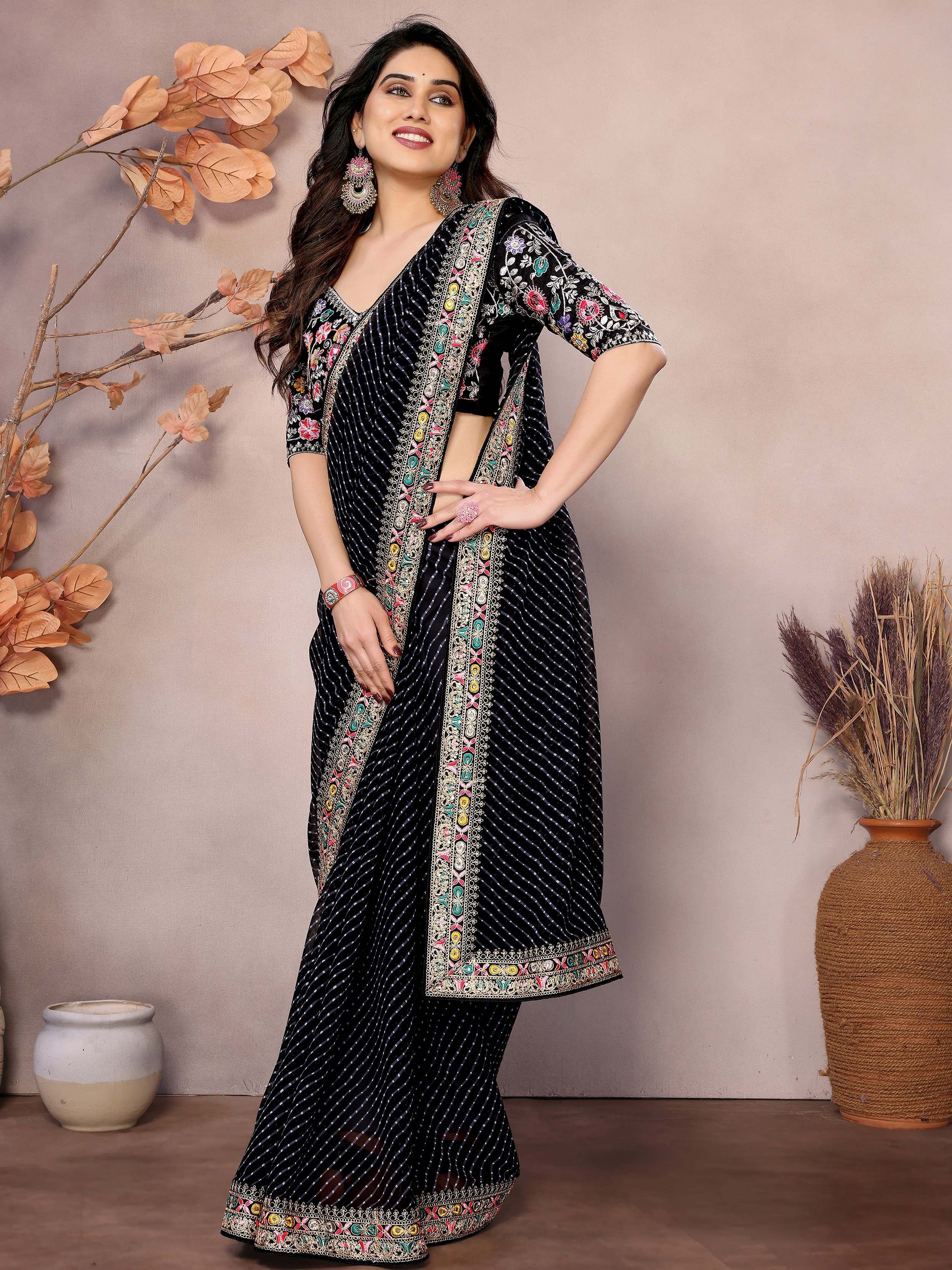 Black Attractive Georgette Thread Embroidered Saree