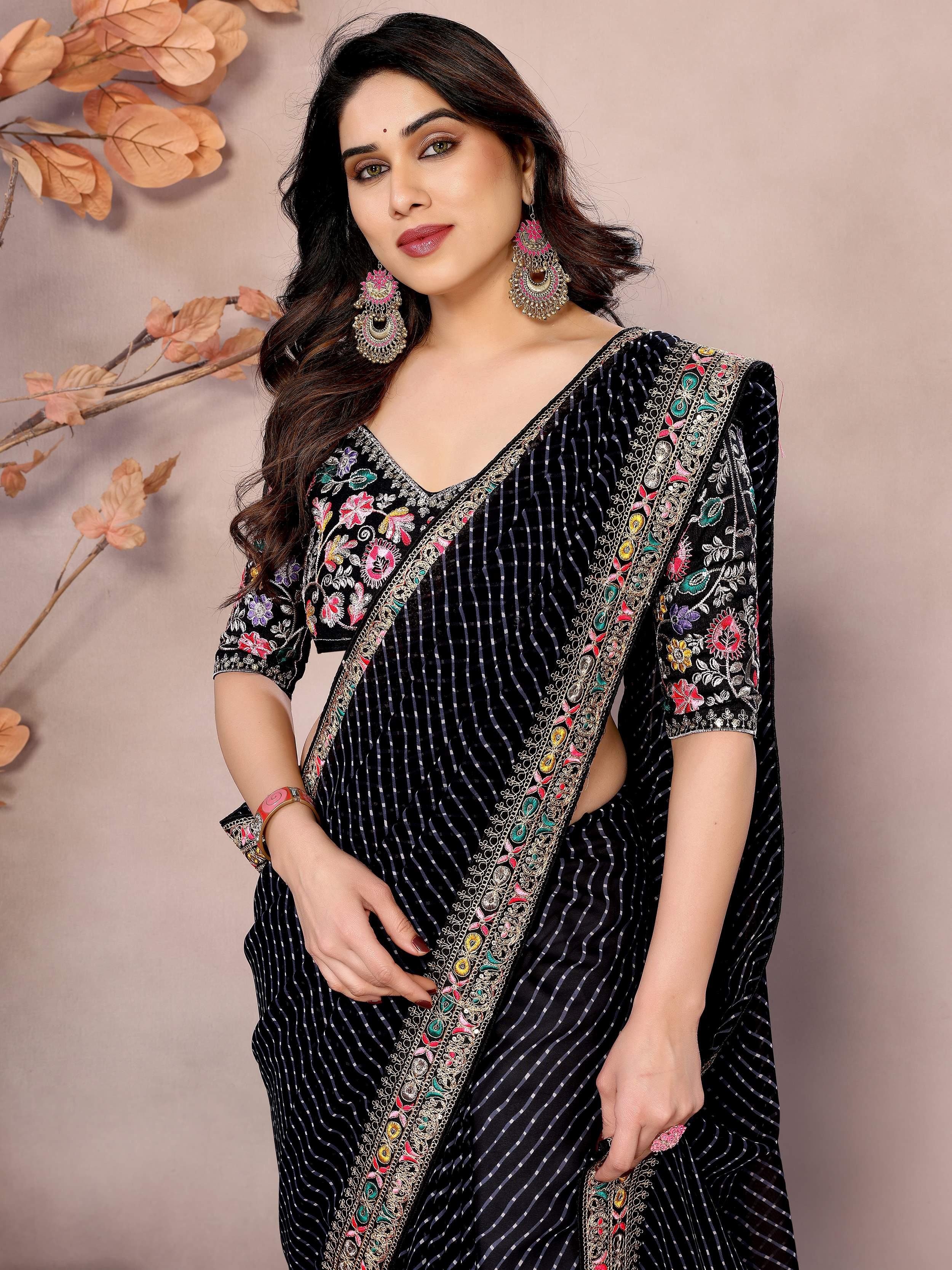 Black Attractive Georgette Thread Embroidered Saree