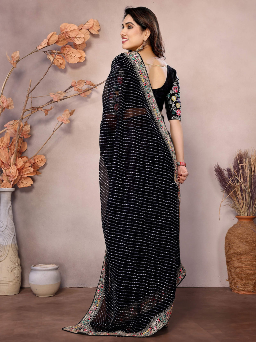 Black Attractive Georgette Thread Embroidered Saree
